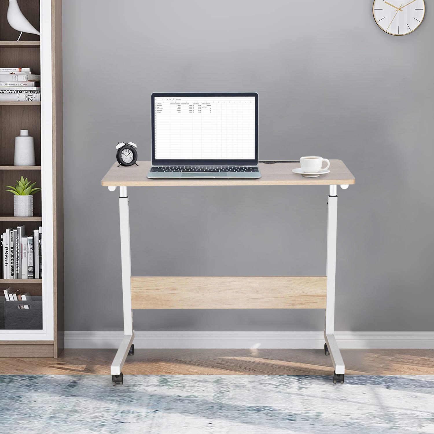 Bureau d'ordinateur mobile, bureau debout réglable en hauteur pour ordinateur portable, table d'extrémité latérale portable avec roulettes