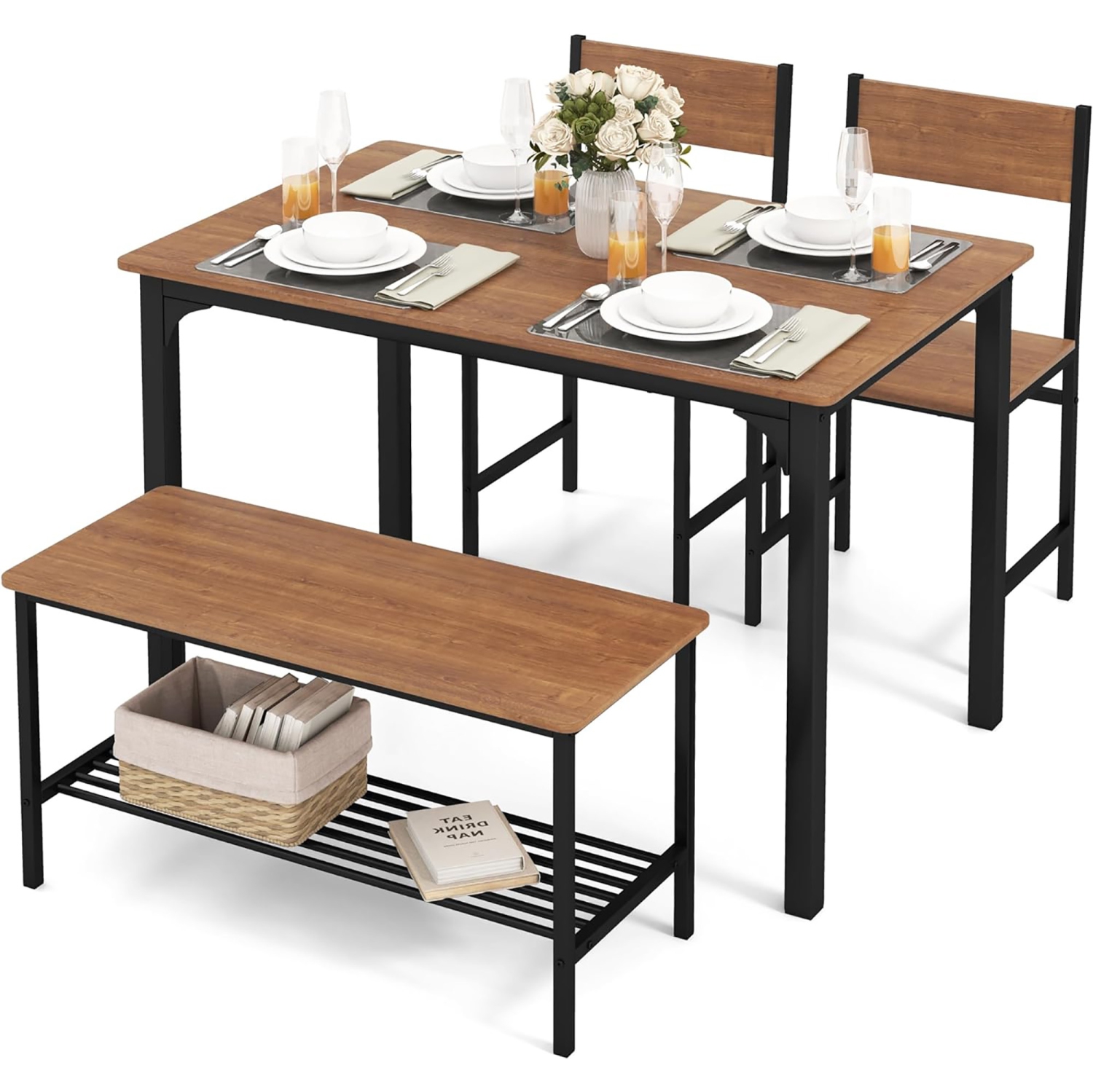 Ensemble de dîner 4 pièces – table + banquette + 2 chaises Gymax
