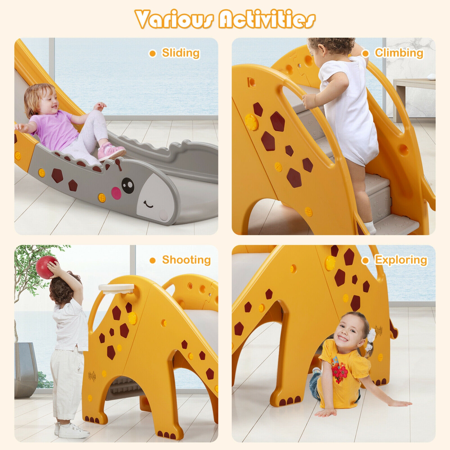 Ensemble de jeu avec glissoire bébé girafe et panier de basketball de TopBuy Kids, jaune/vert
