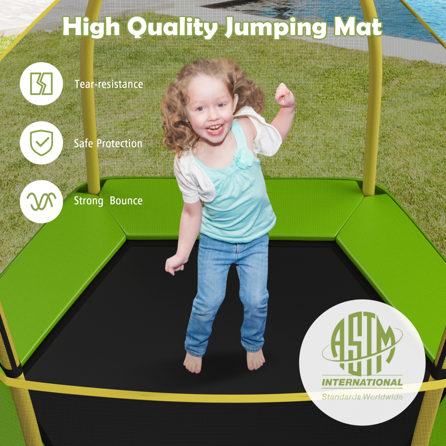 Lit rebondissant rond avec filet de sécurité pour enfants de 7 pi de TopBuy avec trampoline pour enfants - Bleu - Jaune - Vert