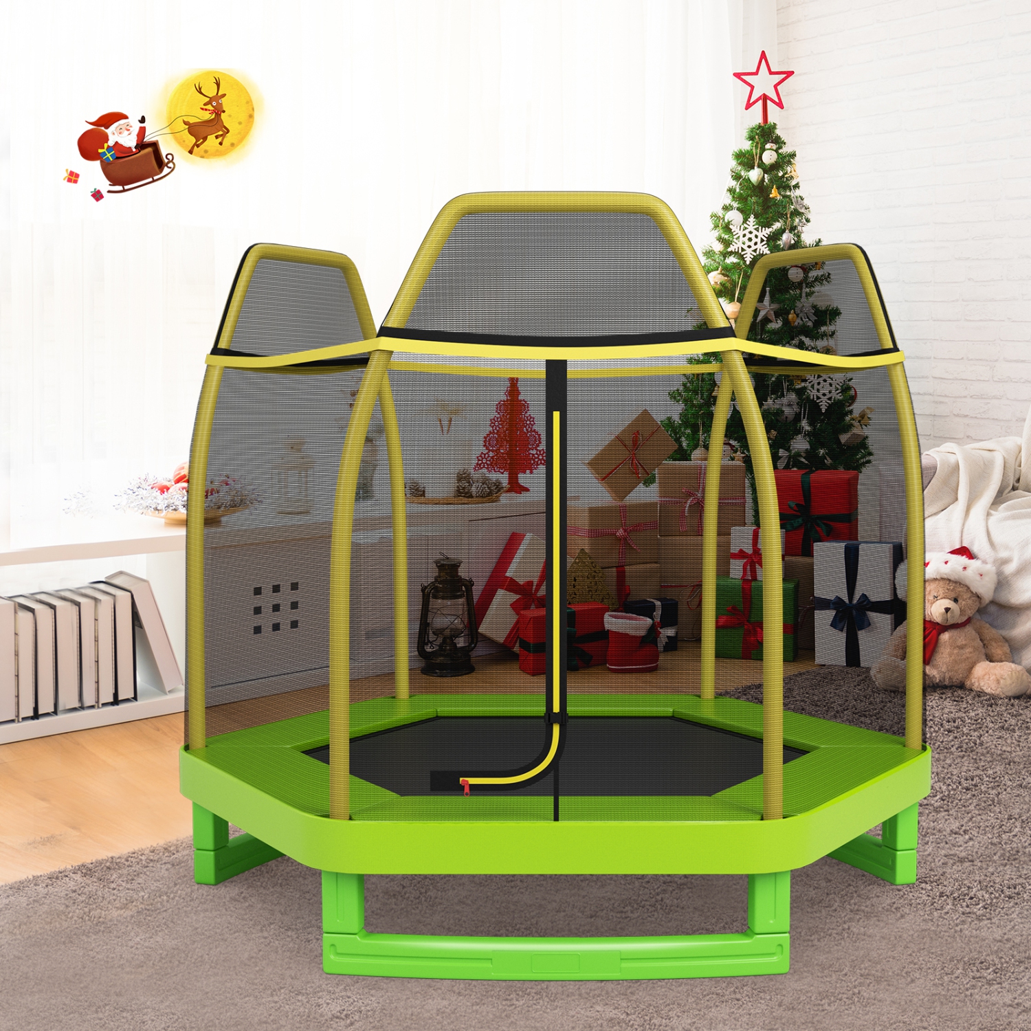 Lit rebondissant rond avec filet de sécurité pour enfants de 7 pi de TopBuy avec trampoline pour enfants - Bleu - Jaune - Vert