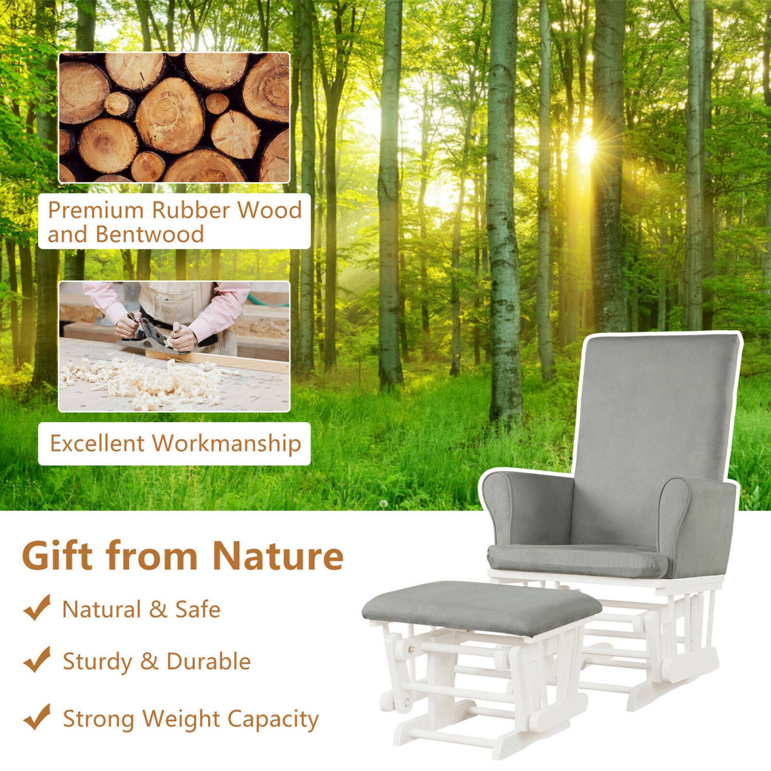 Ensemble avec fauteuil coulissant et pouf en bois pour chambre de bébé de Gymax