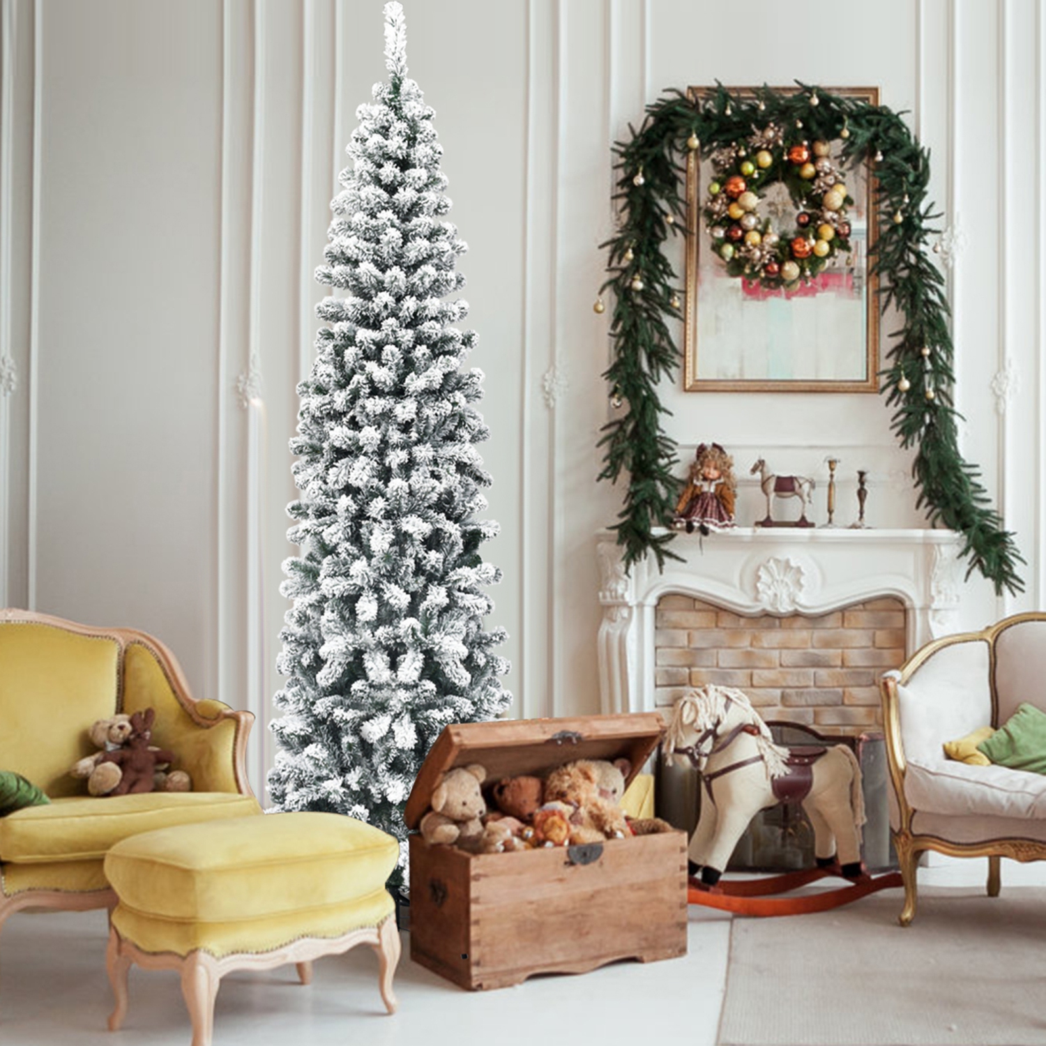 Gymax 7.5ft Snow Flocked Pencil Christmas Tree Artificial Pine Tree w/ Metal Stand