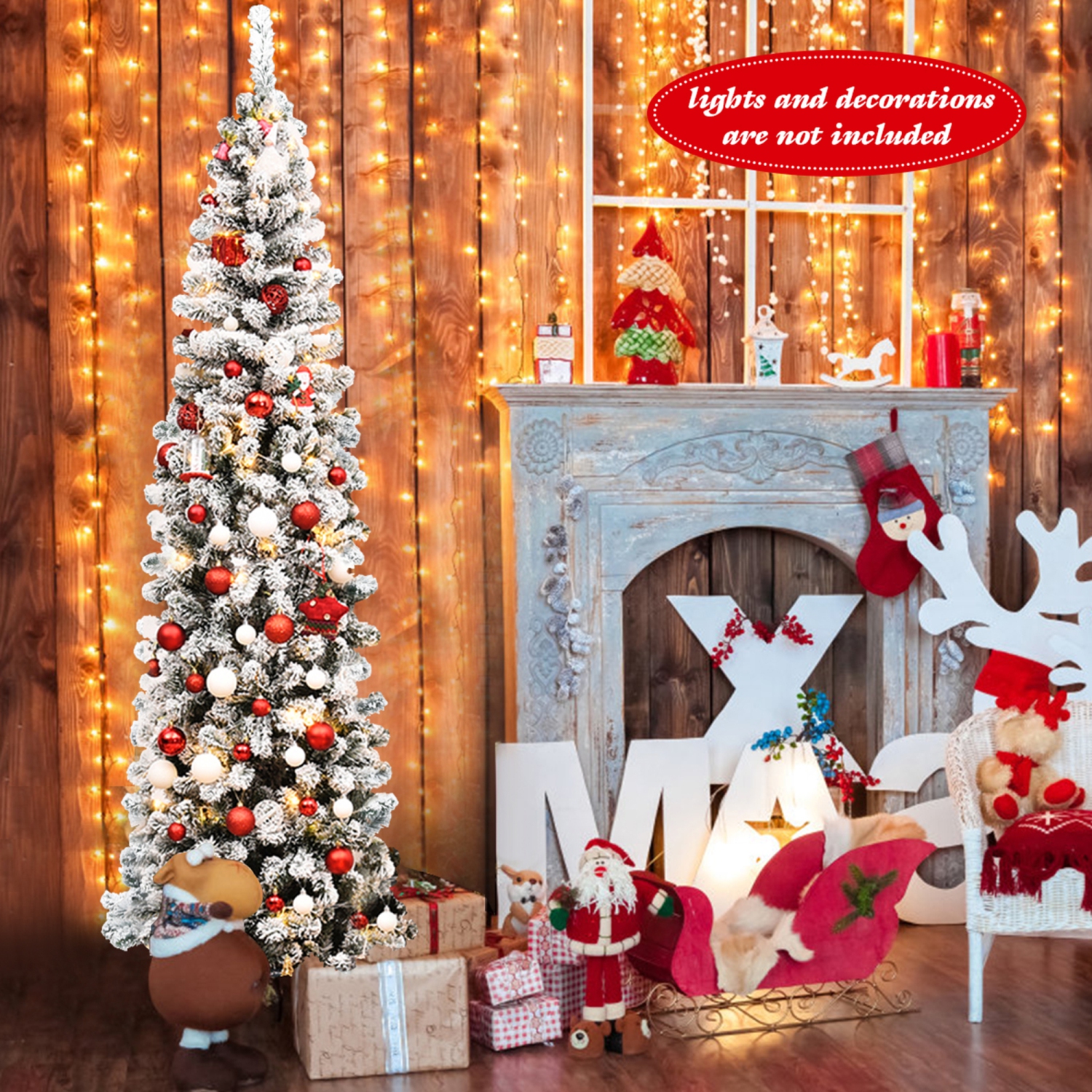 Gymax 7.5ft Snow Flocked Pencil Christmas Tree Artificial Pine Tree w/ Metal Stand