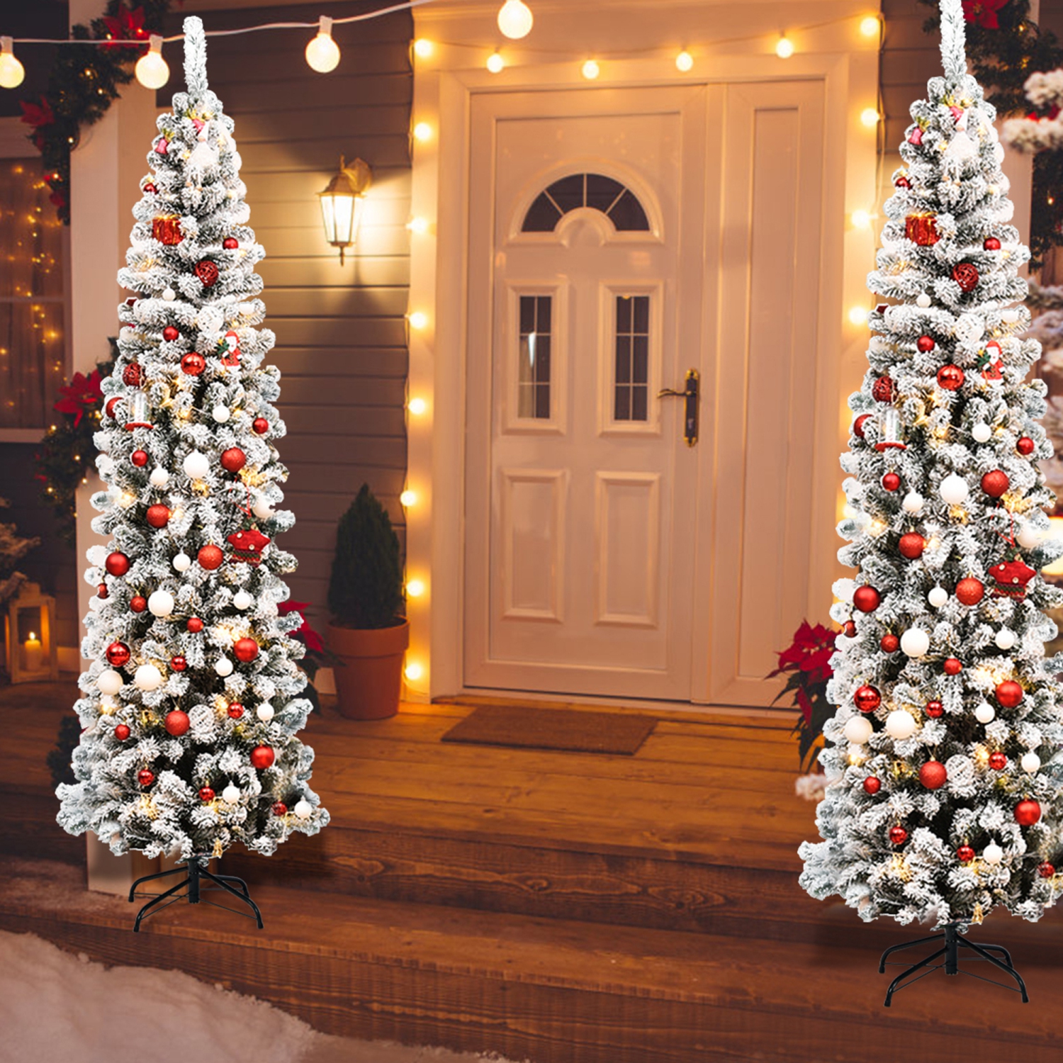 Gymax 7.5ft Snow Flocked Pencil Christmas Tree Artificial Pine Tree w/ Metal Stand