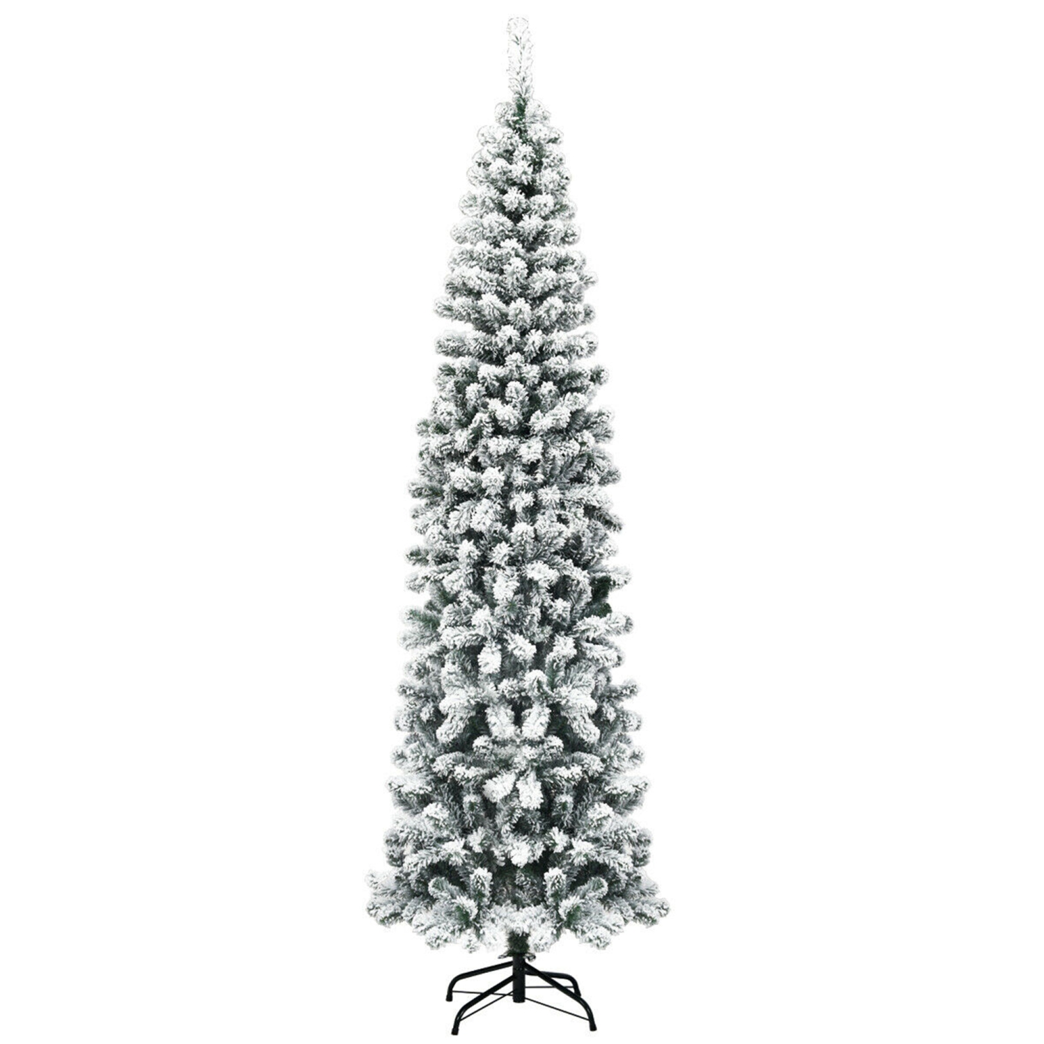 Gymax 7.5ft Snow Flocked Pencil Christmas Tree Artificial Pine Tree w/ Metal Stand