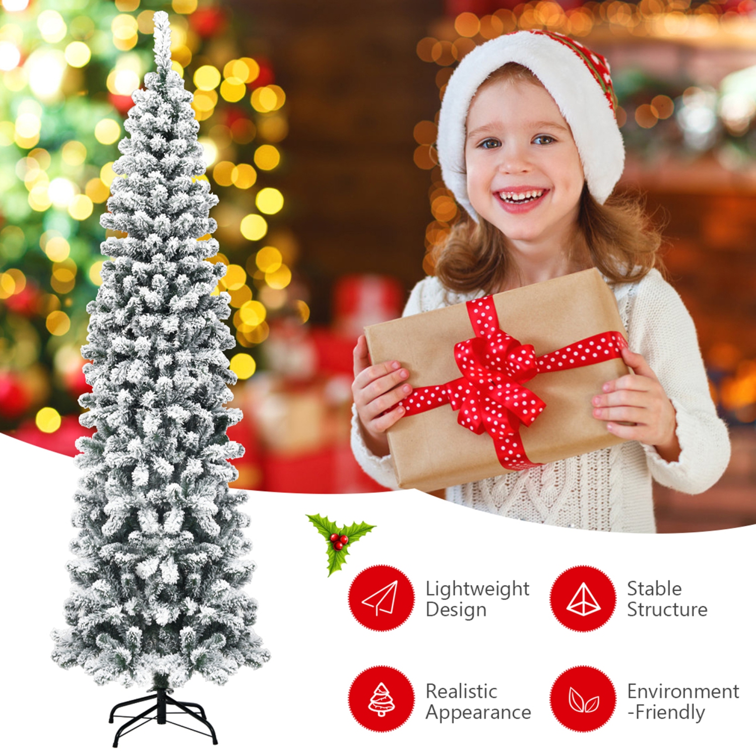 Gymax 7.5ft Snow Flocked Pencil Christmas Tree Artificial Pine Tree w/ Metal Stand