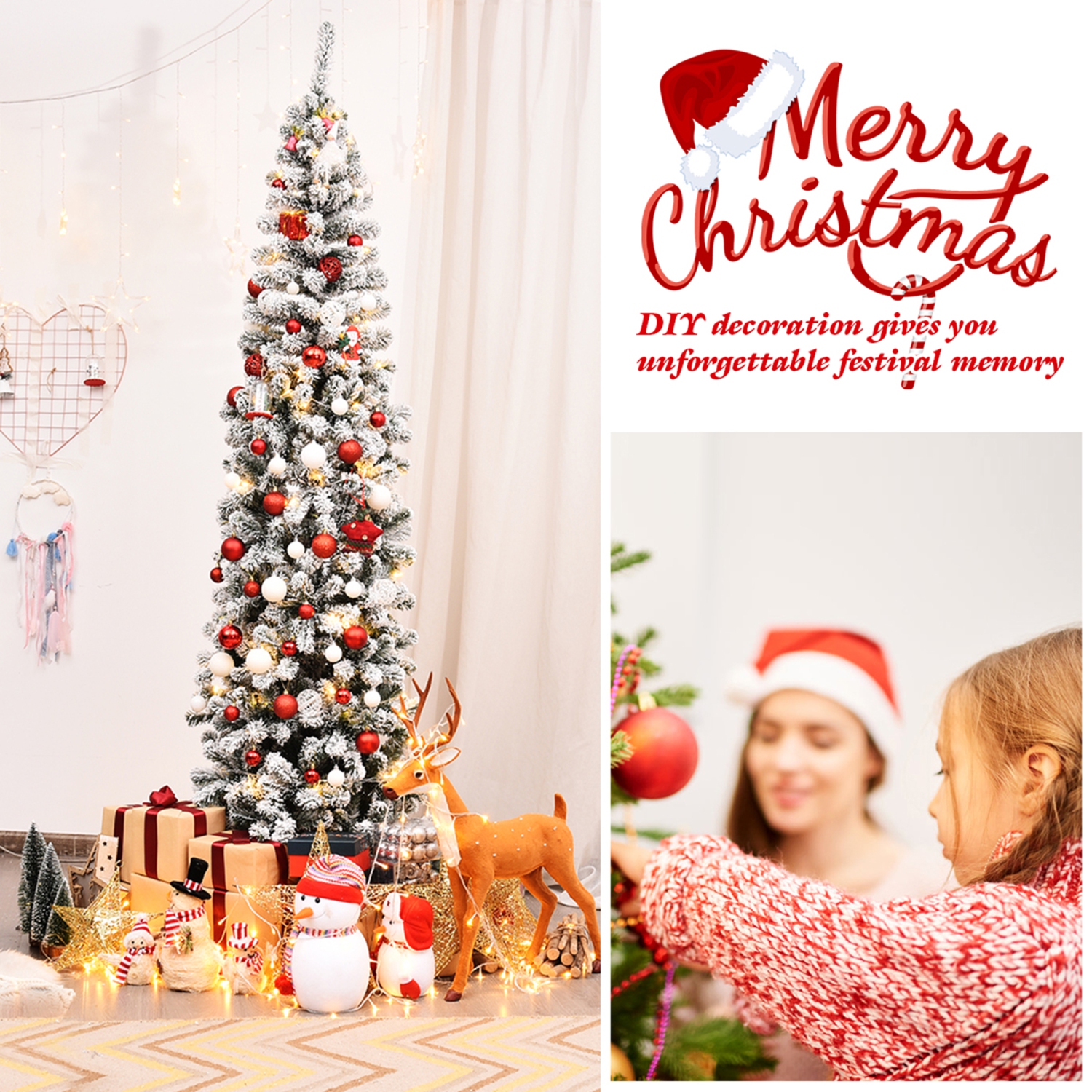 Gymax 7.5ft Snow Flocked Pencil Christmas Tree Artificial Pine Tree w/ Metal Stand