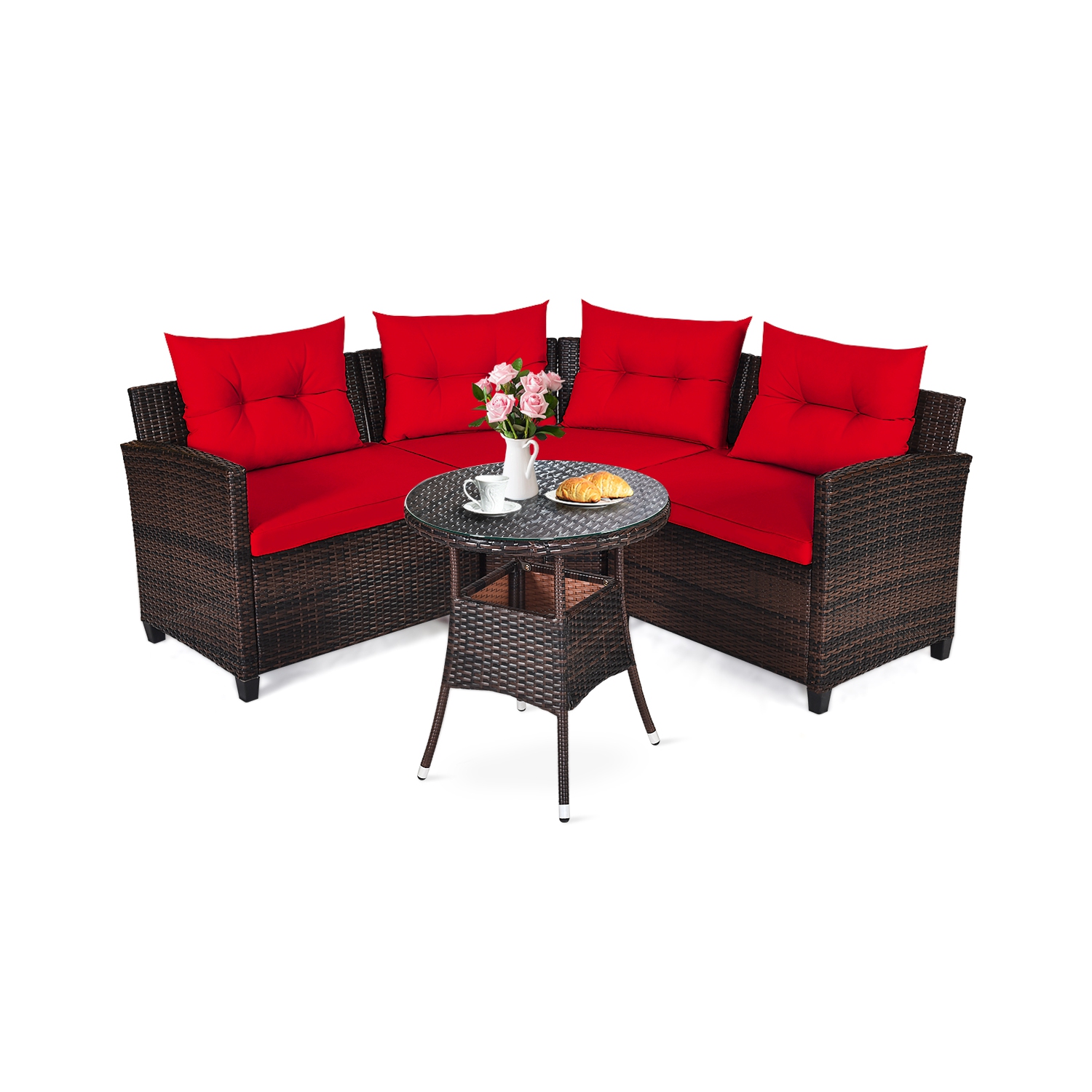 Topbuy 4PCS Outdoor Patio Conversation Set Wicker Rattan Sectional Sofa W/Cushions Black/Tan/Turquoise/Navy/Red