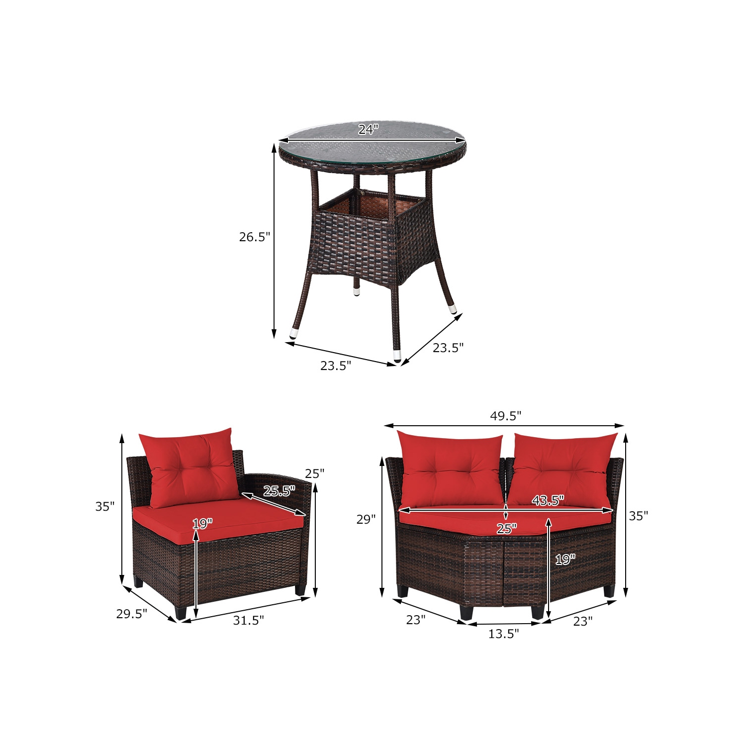 Topbuy 4PCS Outdoor Patio Conversation Set Wicker Rattan Sectional Sofa W/Cushions Black/Tan/Turquoise/Navy/Red