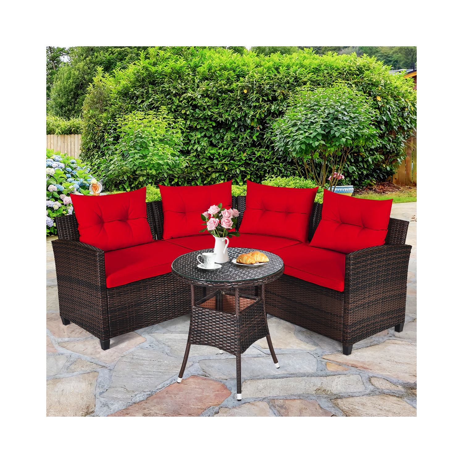 Topbuy 4PCS Outdoor Patio Conversation Set Wicker Rattan Sectional Sofa W/Cushions Black/Tan/Turquoise/Navy/Red
