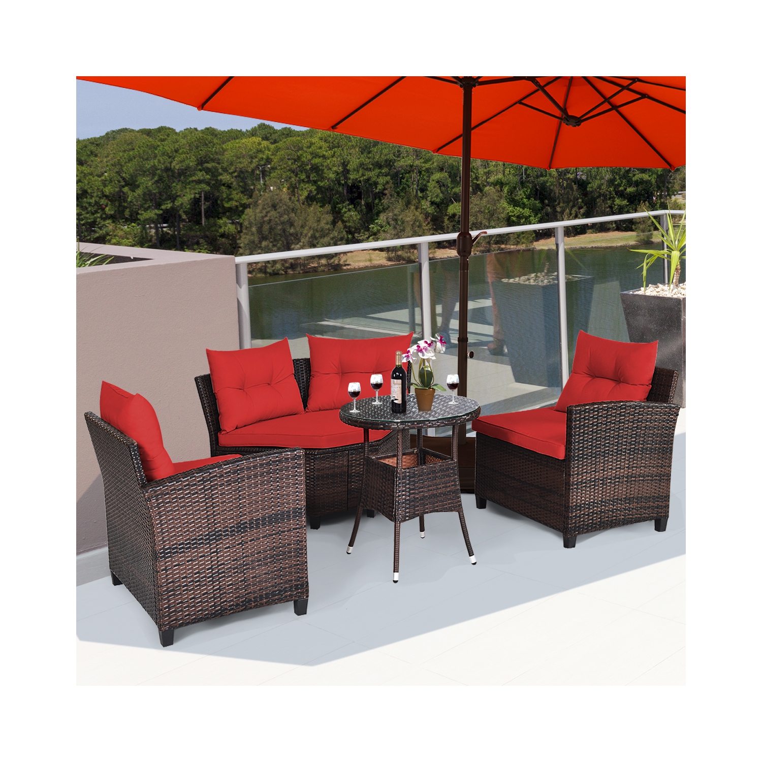 Topbuy 4PCS Outdoor Patio Conversation Set Wicker Rattan Sectional Sofa W/Cushions Black/Tan/Turquoise/Navy/Red