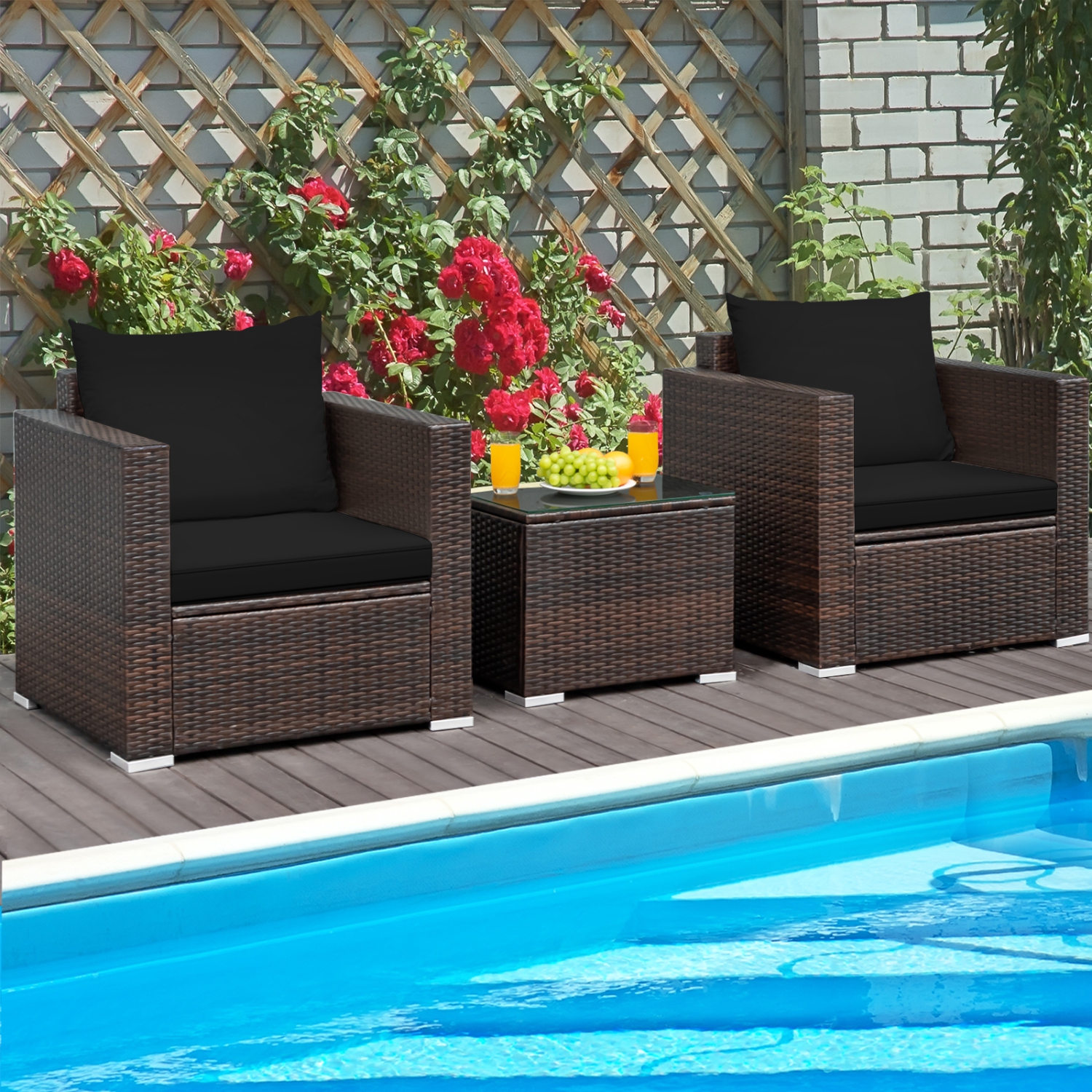 Topbuy 3 PCS Patio Rattan Furniture Set with 2 Cushioned Sofas & Coffee Table for outdoor Turquoise/ Red