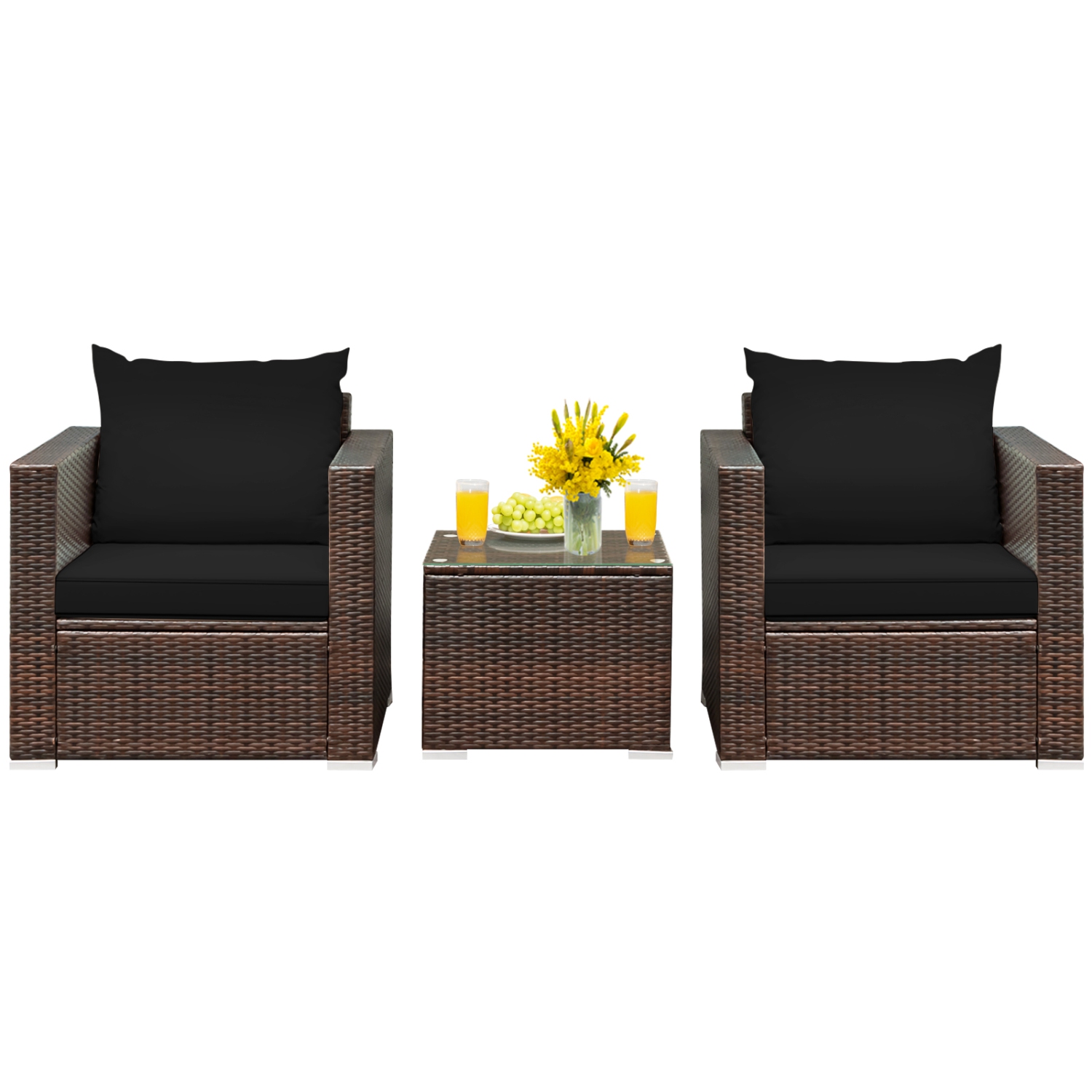 Topbuy 3 PCS Patio Rattan Furniture Set with 2 Cushioned Sofas & Coffee Table for outdoor Turquoise/ Red