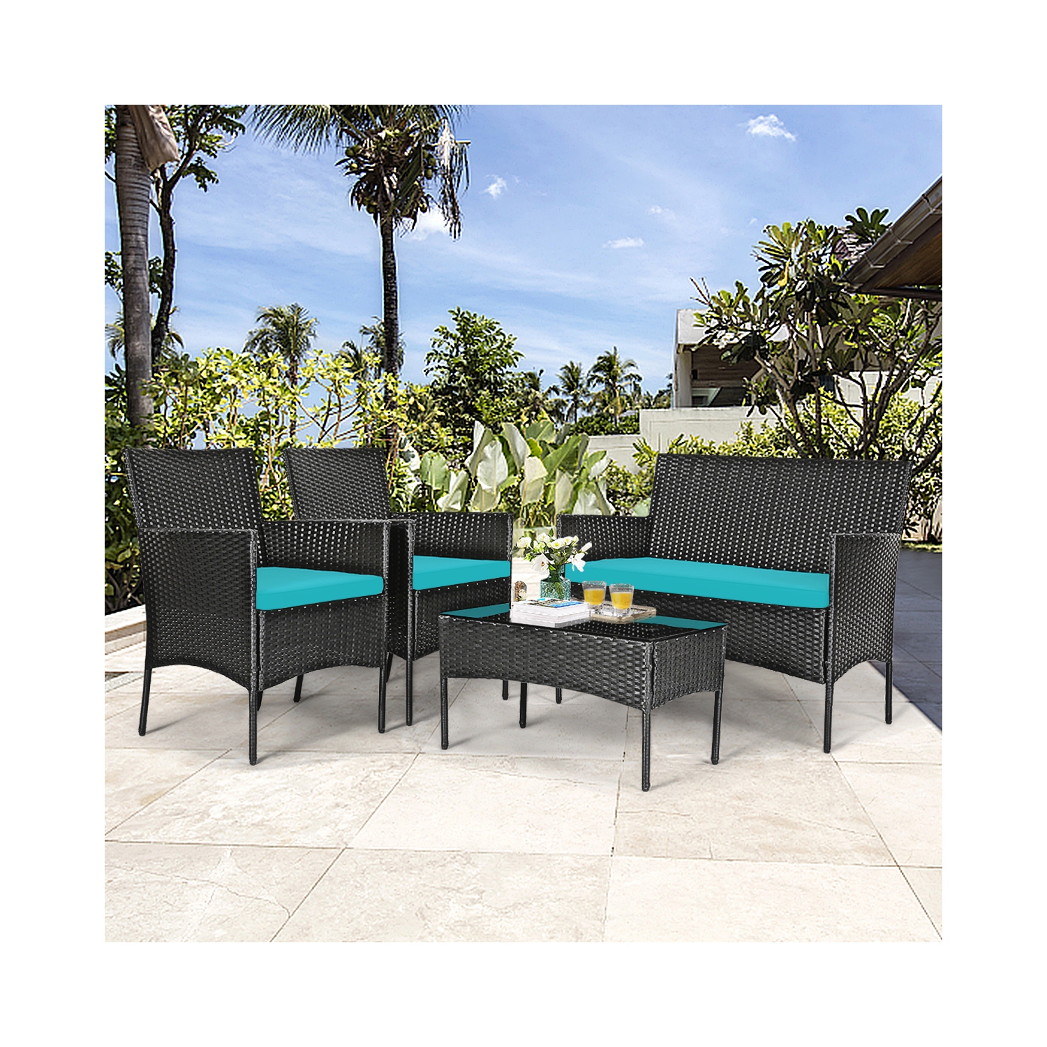 Topbuy Rattan Patio Conversation Set Cushioned Sofa with Coffee Table Red/Turquoise