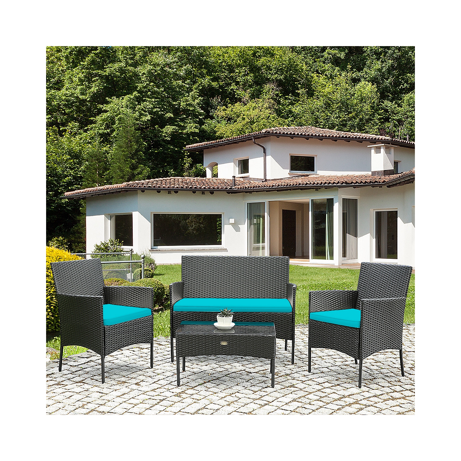 Topbuy Rattan Patio Conversation Set Cushioned Sofa with Coffee Table Red/Turquoise