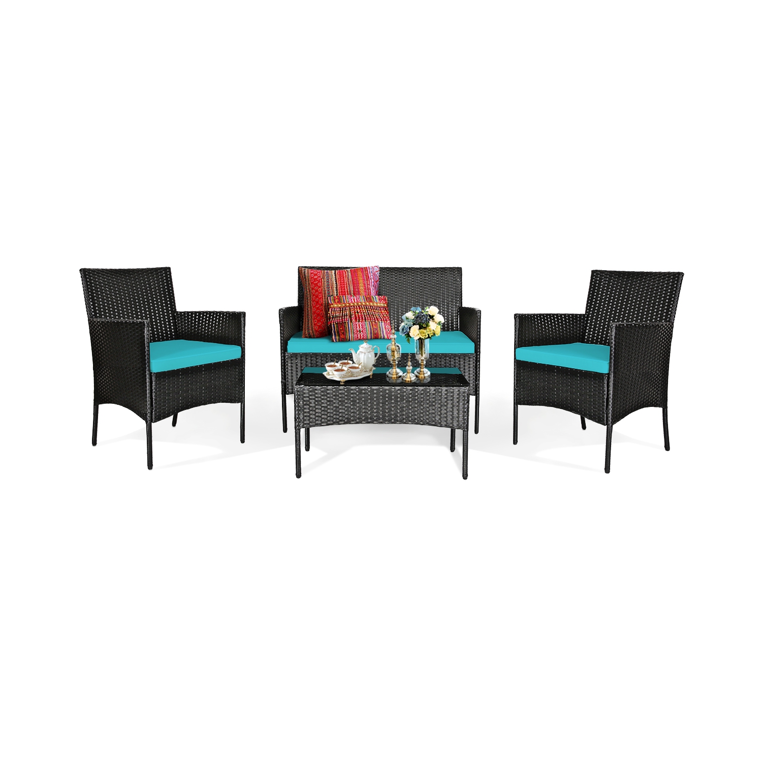 Topbuy Rattan Patio Conversation Set Cushioned Sofa with Coffee Table Red/Turquoise