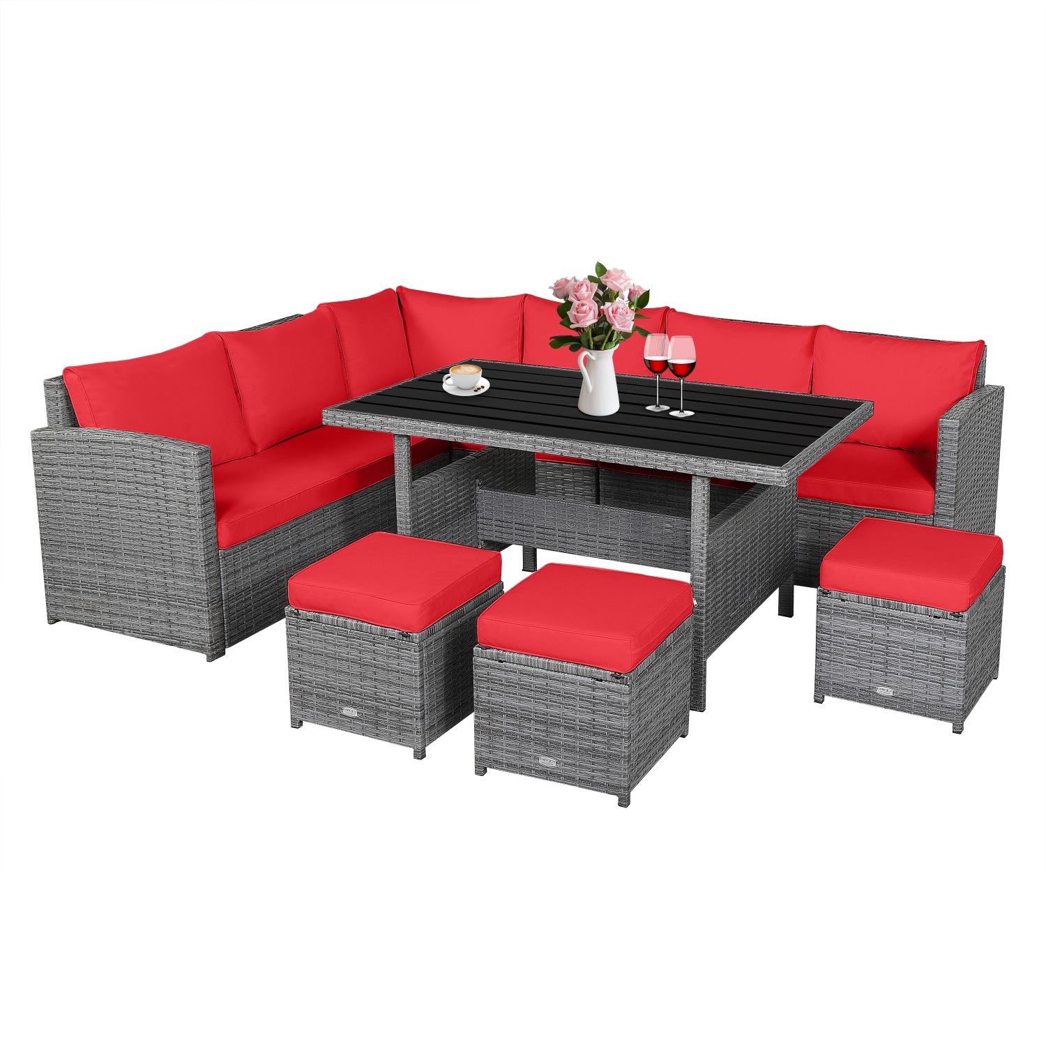 Topbuy 7-Piece Wicker Patio Furniture Set Outdoor Rattan Sofa Set Conversation Couch Set Red/Turquoise/White/Black