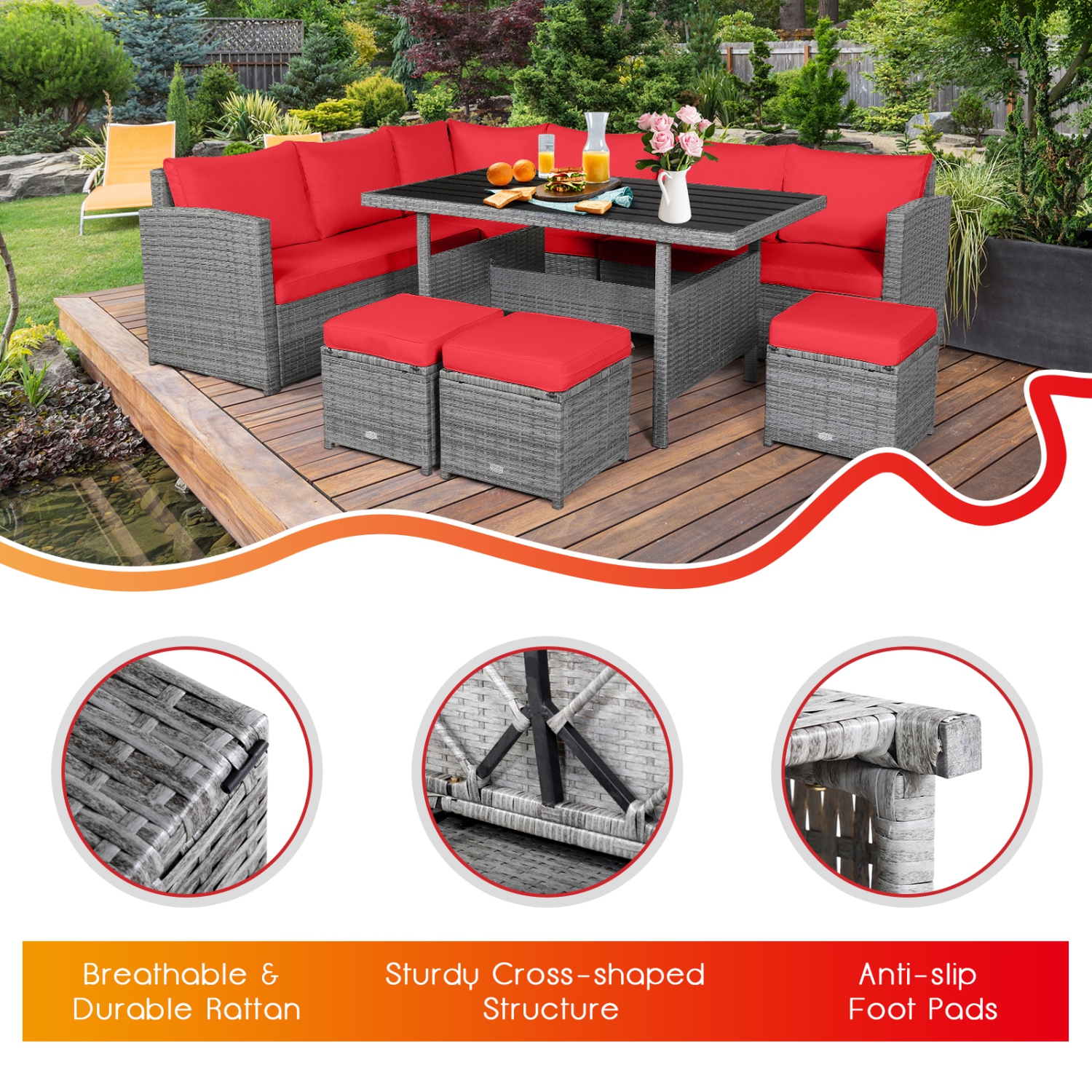 Topbuy 7-Piece Wicker Patio Furniture Set Outdoor Rattan Sofa Set Conversation Couch Set Red/Turquoise/White/Black