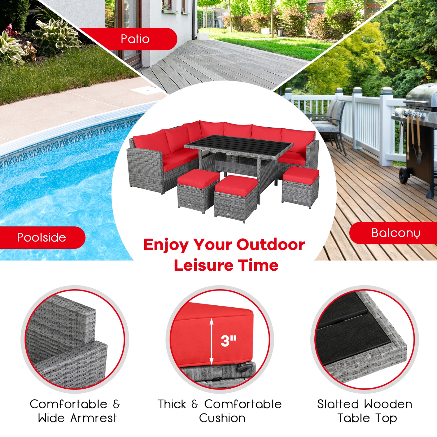 Topbuy 7-Piece Wicker Patio Furniture Set Outdoor Rattan Sofa Set Conversation Couch Set Red/Turquoise/White/Black