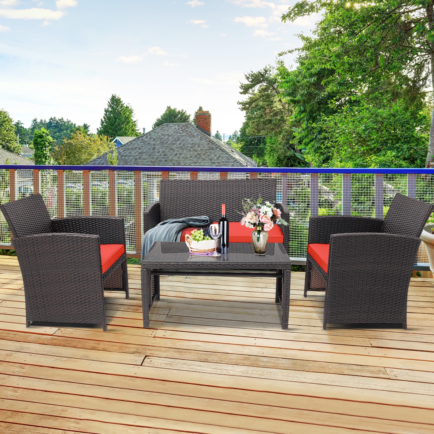 Patiojoy 8PCS Outdoor Patio Furniture Sets Weather-Resistant Rattan Sofas w/ Soft Cushion Red