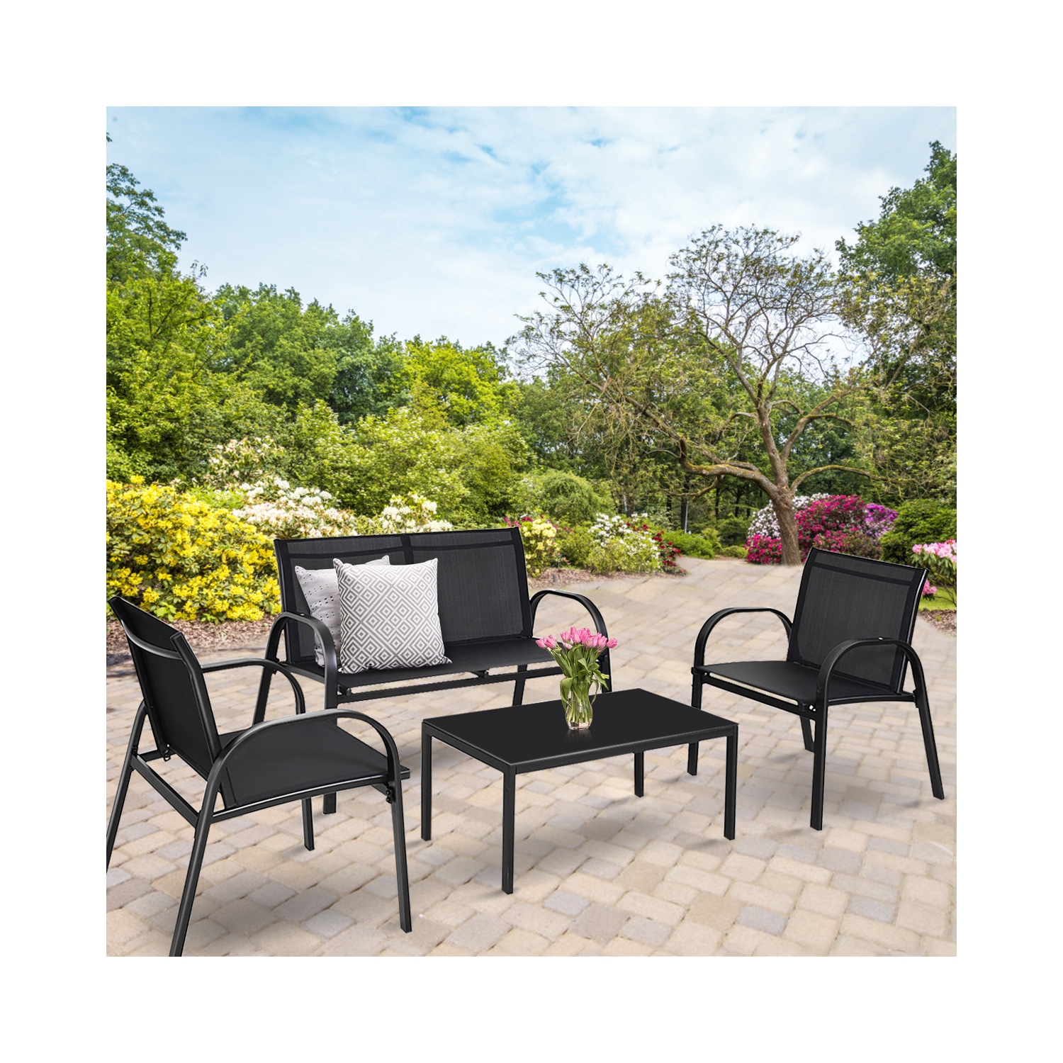 Topbuy 4PCS Black Furniture Set Chairs Coffee Table Patio Garden Brand New