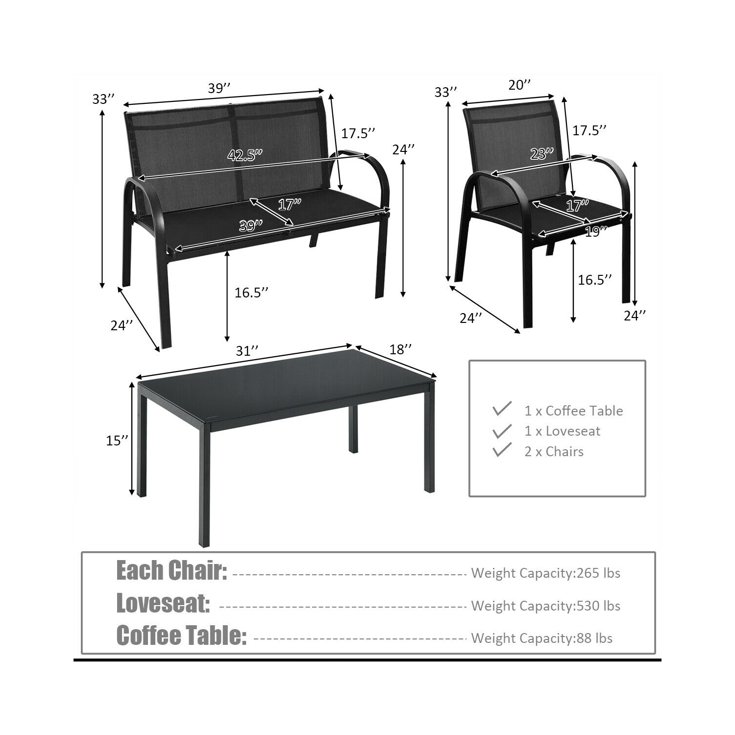 Topbuy 4PCS Black Furniture Set Chairs Coffee Table Patio Garden Brand New