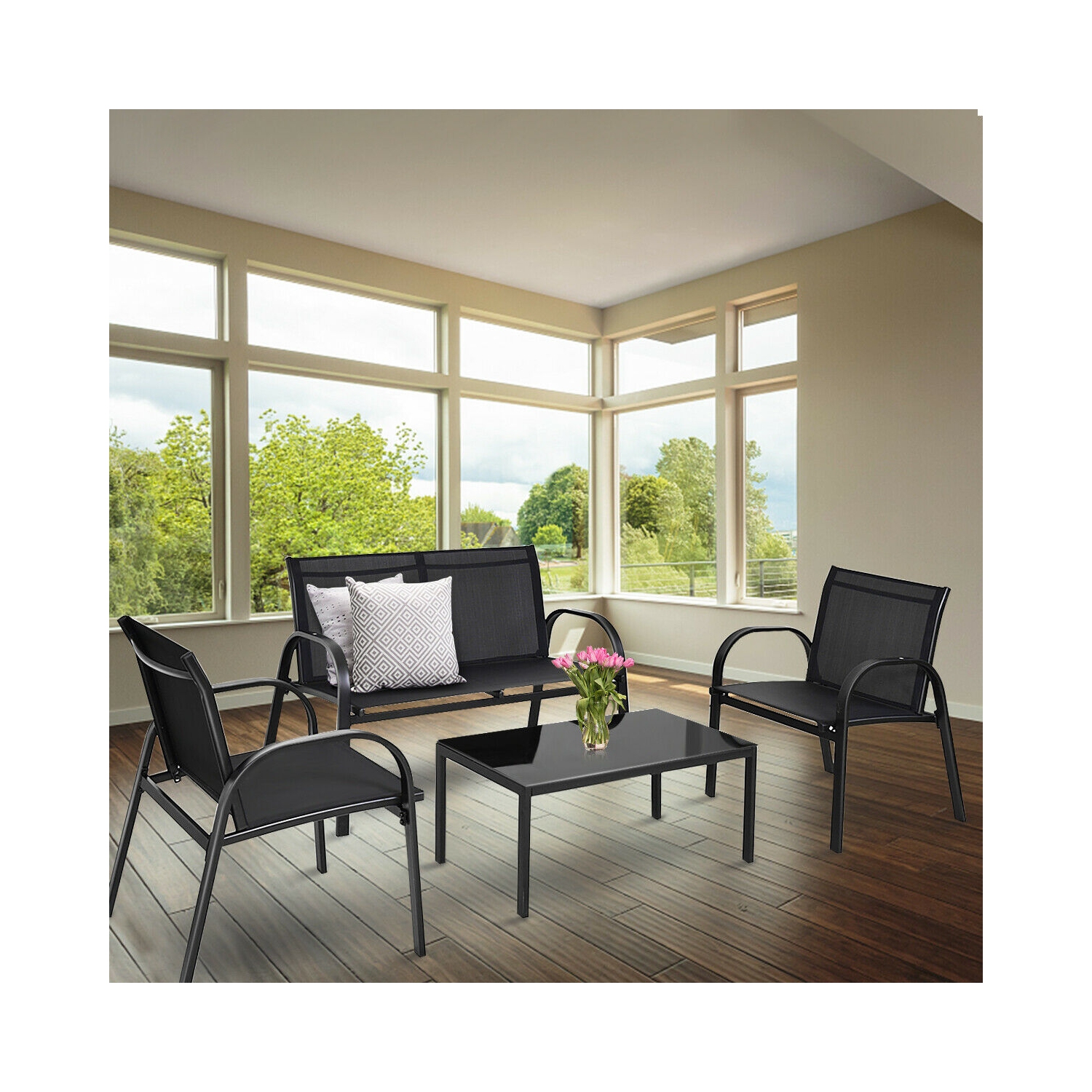 Topbuy 4PCS Black Furniture Set Chairs Coffee Table Patio Garden Brand New