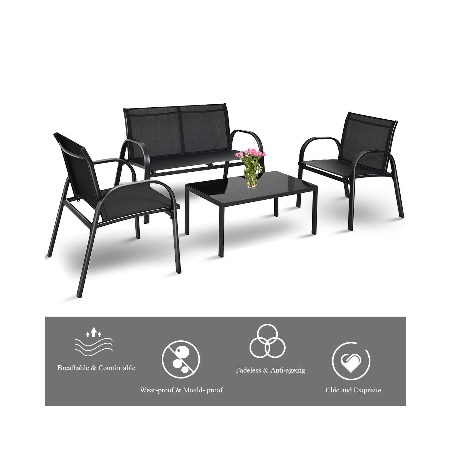 Topbuy 4PCS Black Furniture Set Chairs Coffee Table Patio Garden Brand New