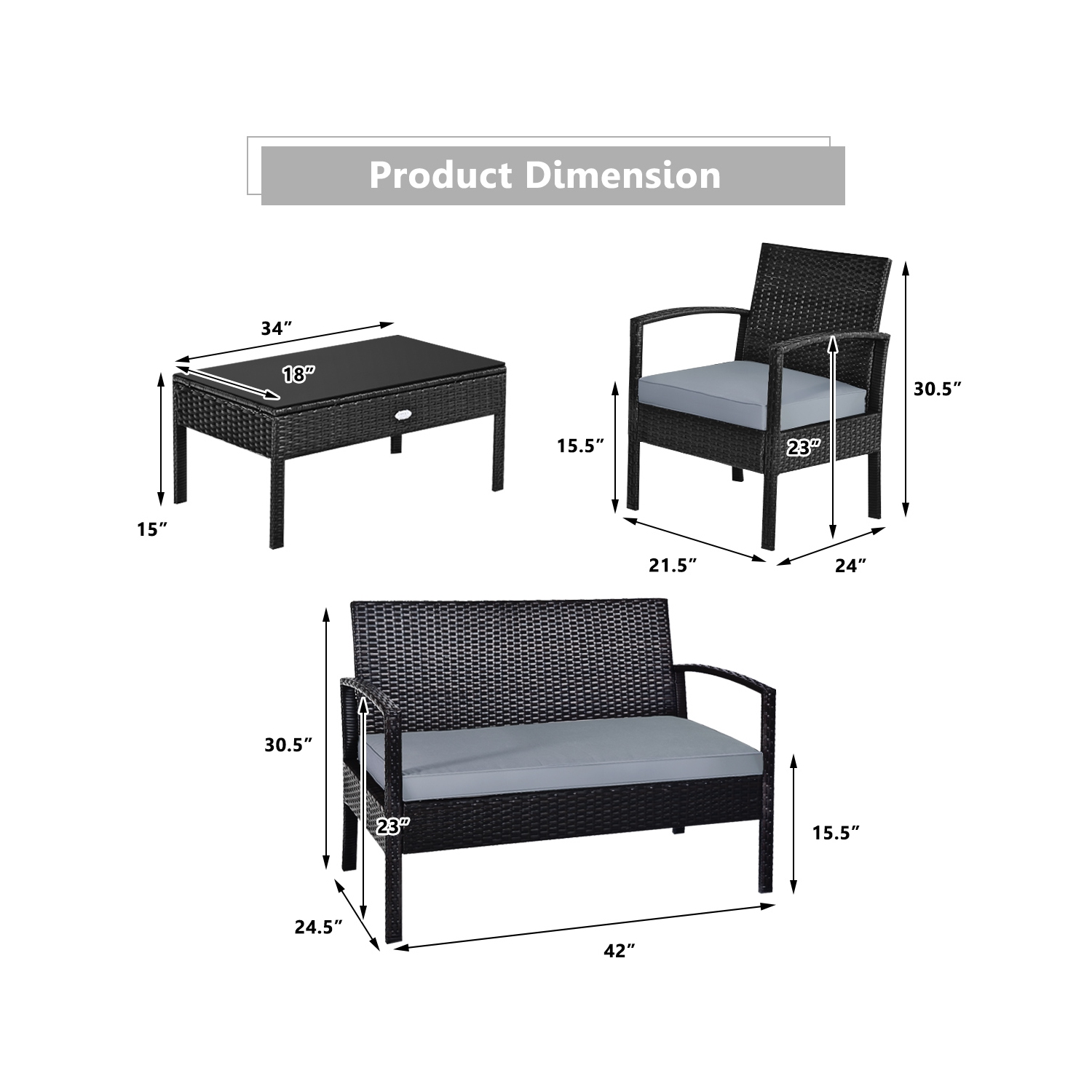 Topbuy 4PCS Rattan Wicker Outdoor Patio Conversation Set Cushioned Sofa Coffee Table