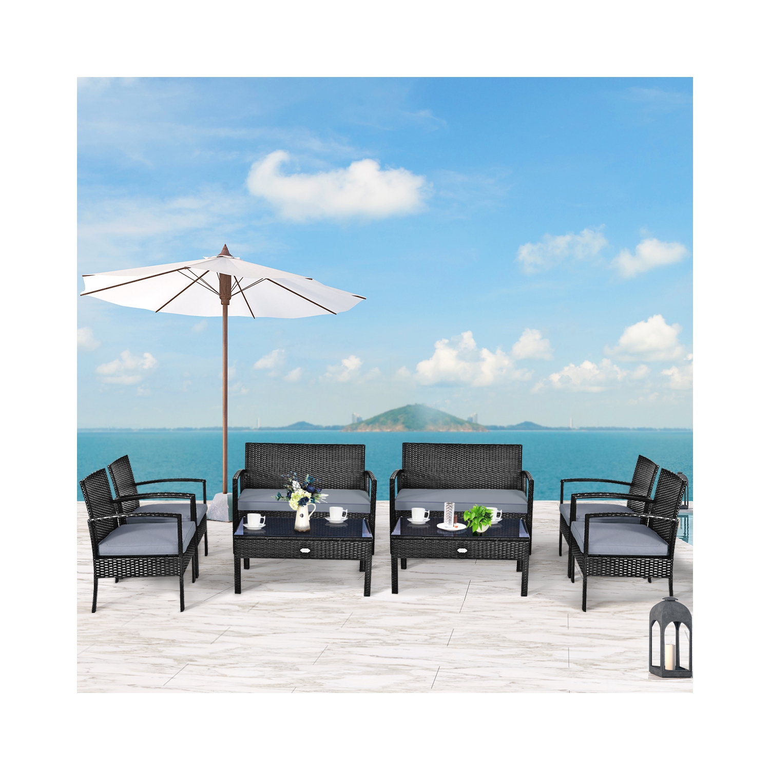 Topbuy 4PCS Rattan Wicker Outdoor Patio Conversation Set Cushioned Sofa Coffee Table