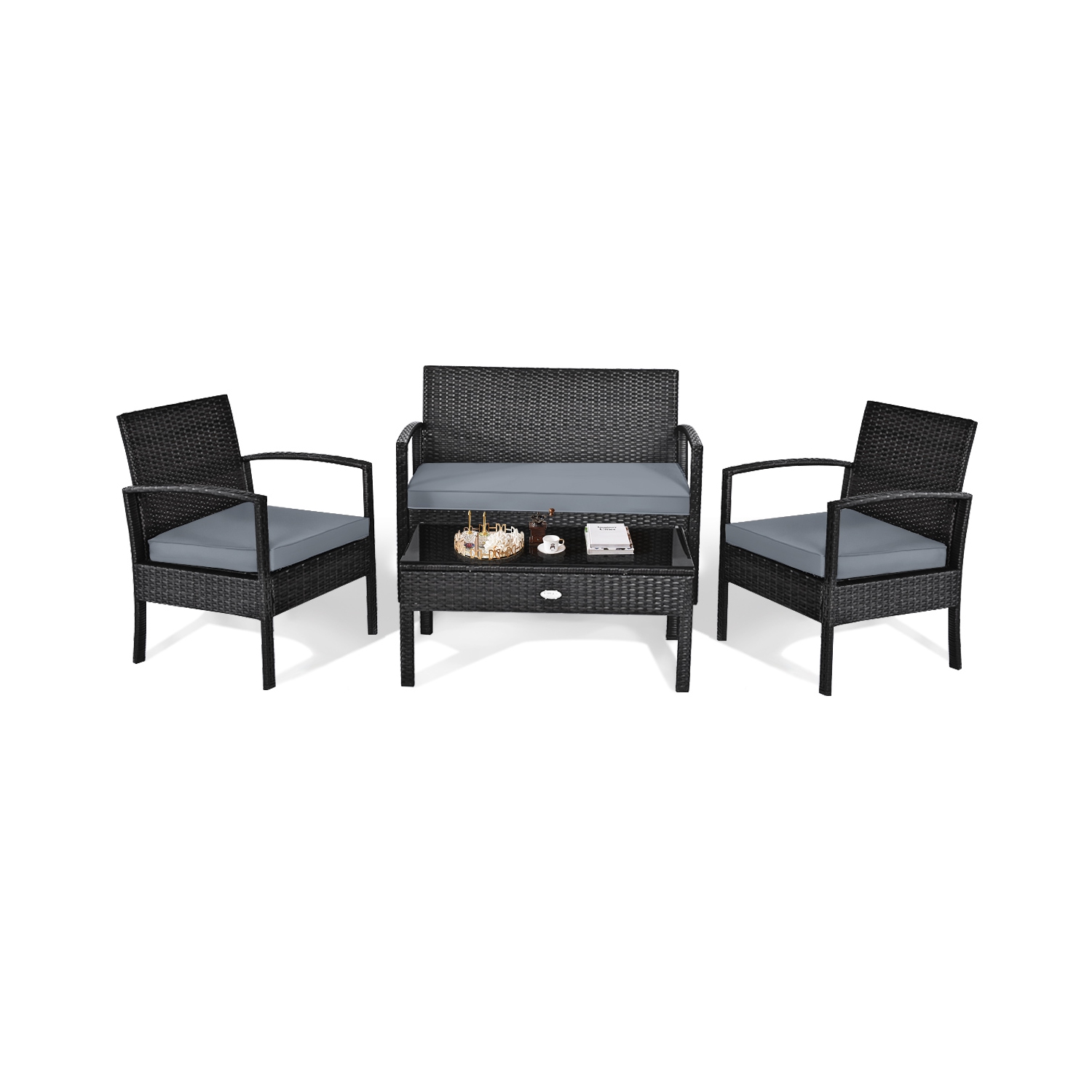 Topbuy 4PCS Rattan Wicker Outdoor Patio Conversation Set Cushioned Sofa Coffee Table