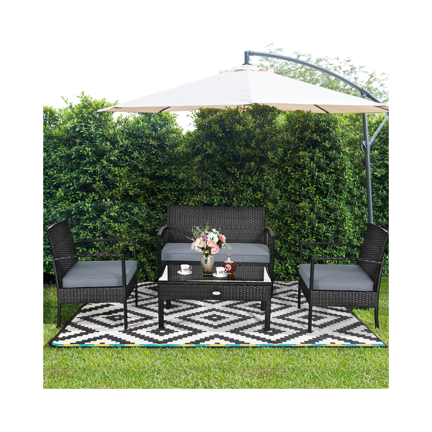 Topbuy 4PCS Rattan Wicker Outdoor Patio Conversation Set Cushioned Sofa Coffee Table