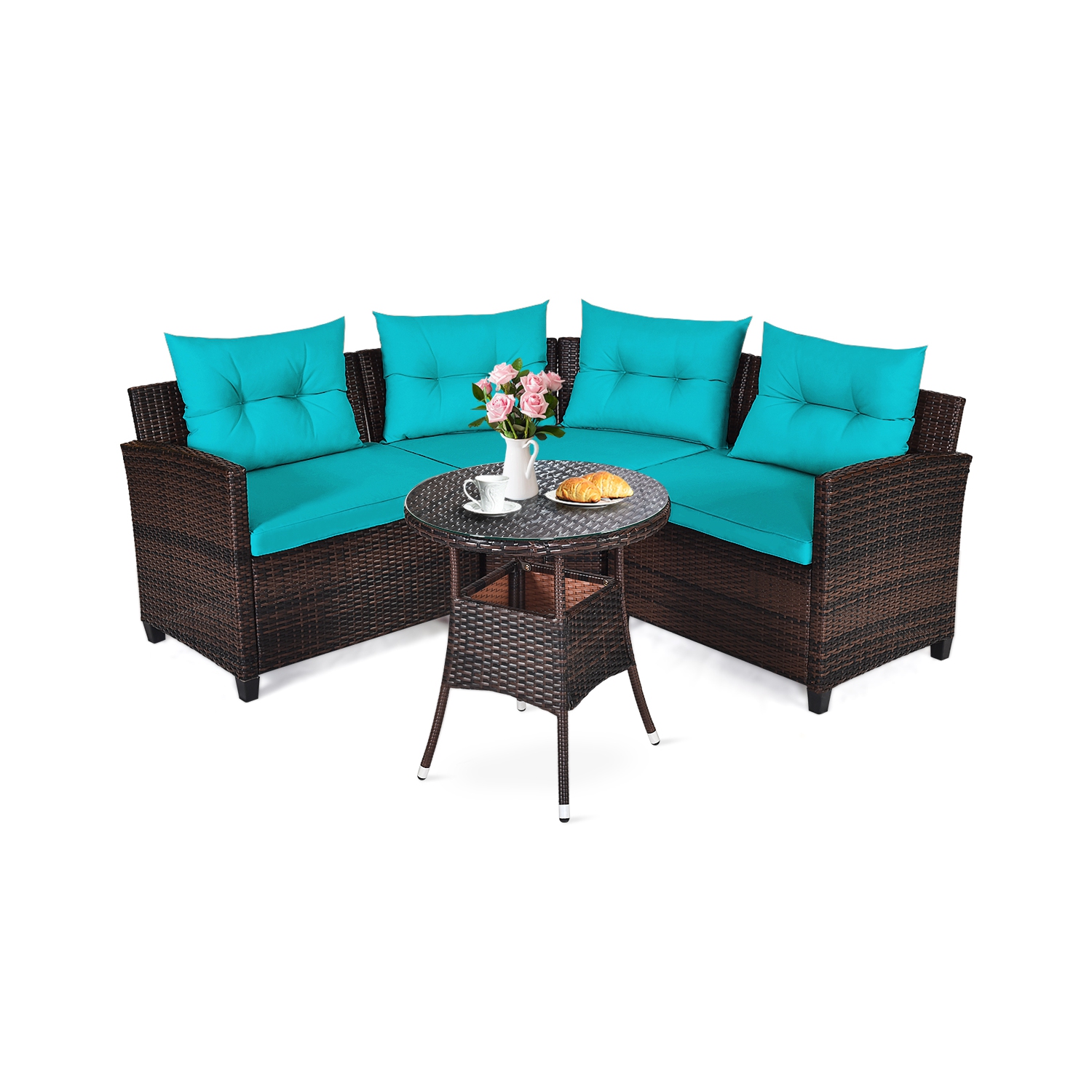 Topbuy 4PCS Outdoor Patio Conversation Set Wicker Rattan Sectional Sofa W/Cushions Black/Tan/Turquoise/Navy/Red