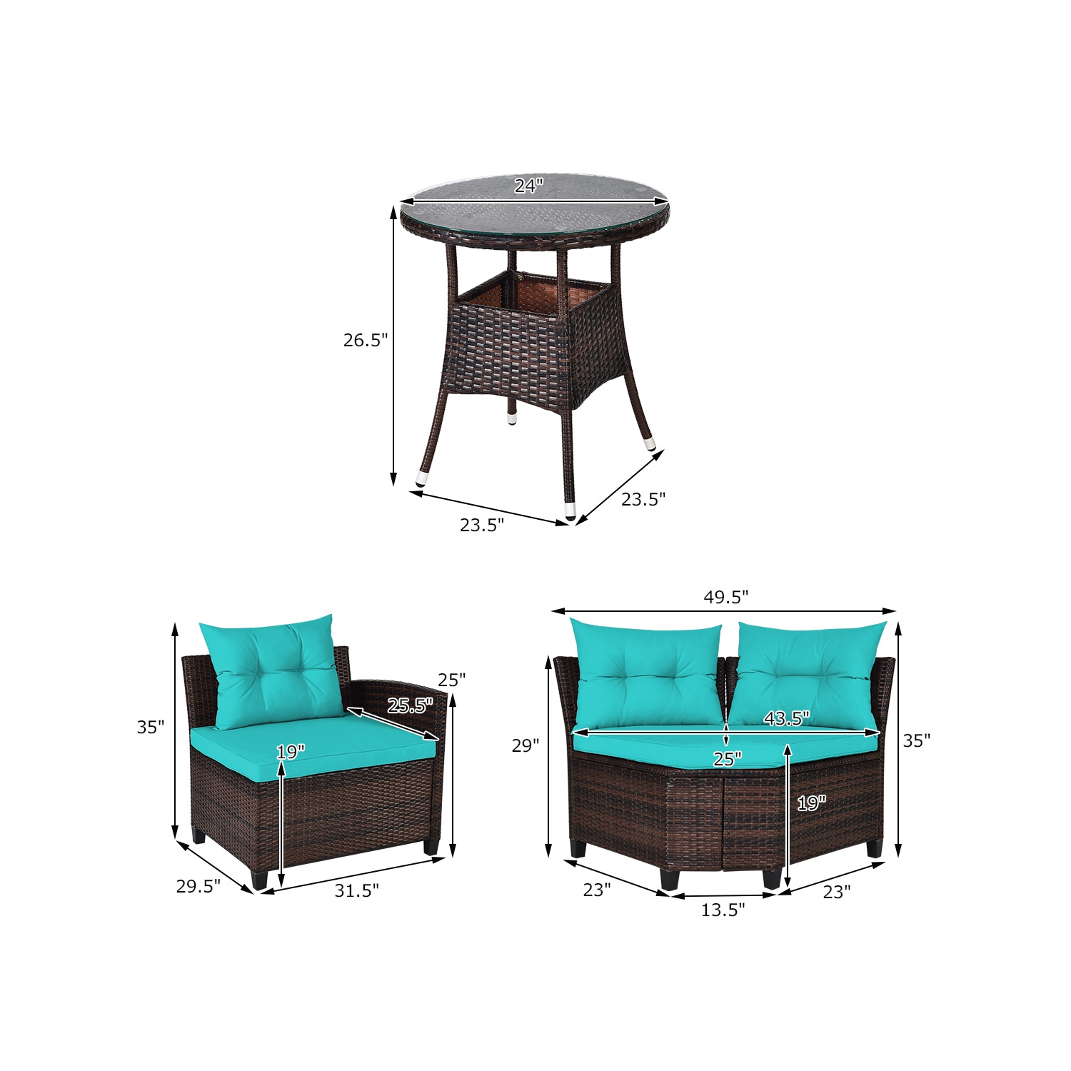 Topbuy 4PCS Outdoor Patio Conversation Set Wicker Rattan Sectional Sofa W/Cushions Black/Tan/Turquoise/Navy/Red