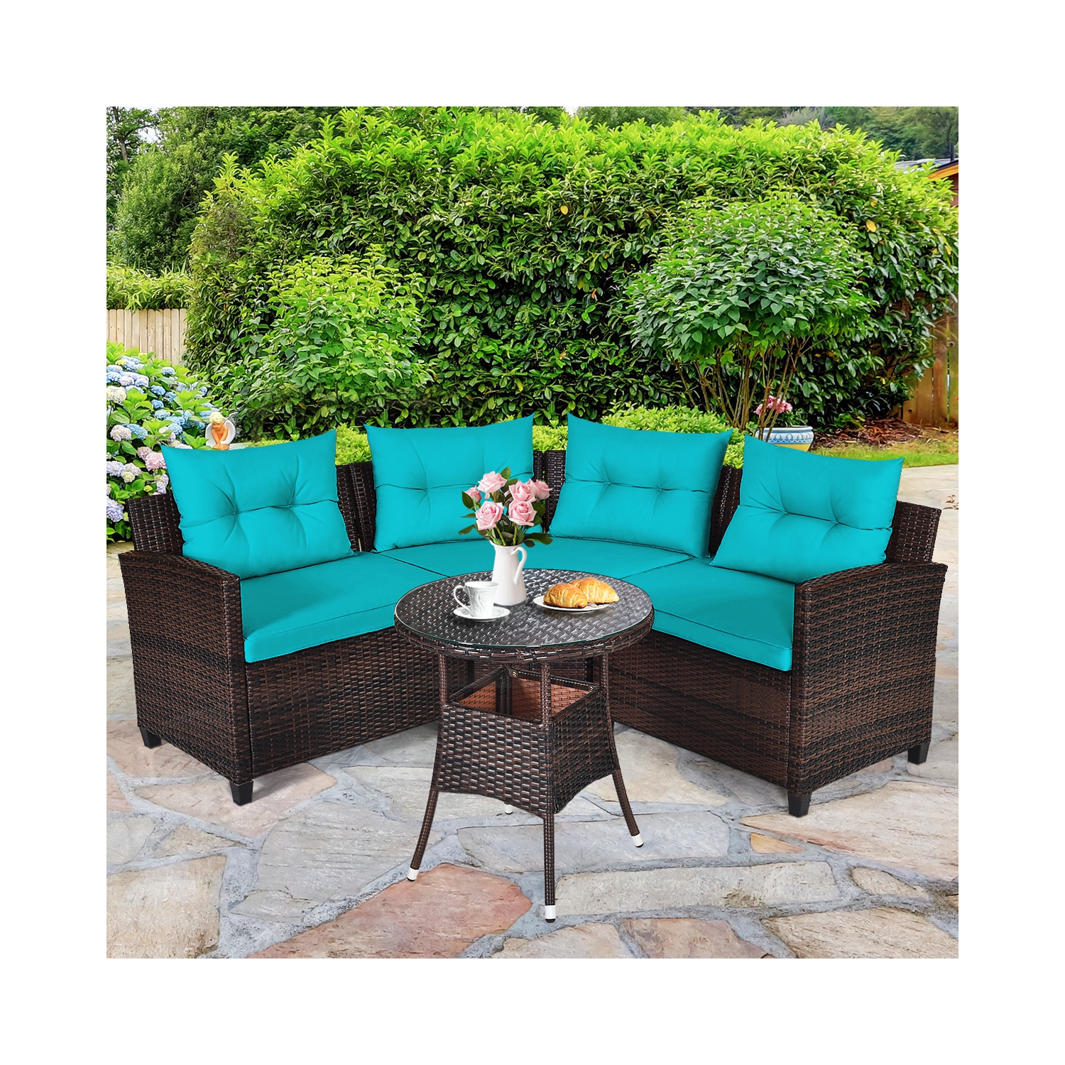Topbuy 4PCS Outdoor Patio Conversation Set Wicker Rattan Sectional Sofa W/Cushions Black/Tan/Turquoise/Navy/Red