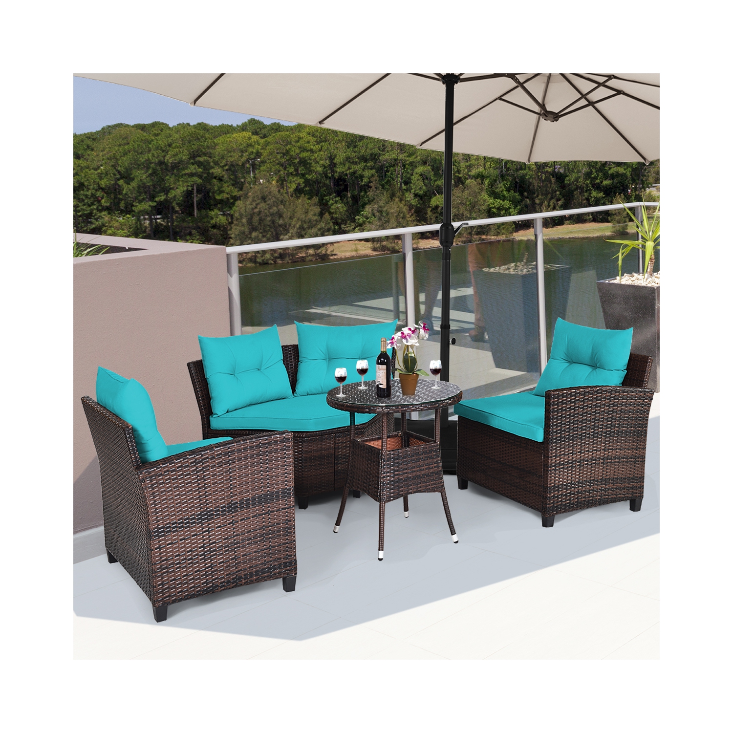 Topbuy 4PCS Outdoor Patio Conversation Set Wicker Rattan Sectional Sofa W/Cushions Black/Tan/Turquoise/Navy/Red