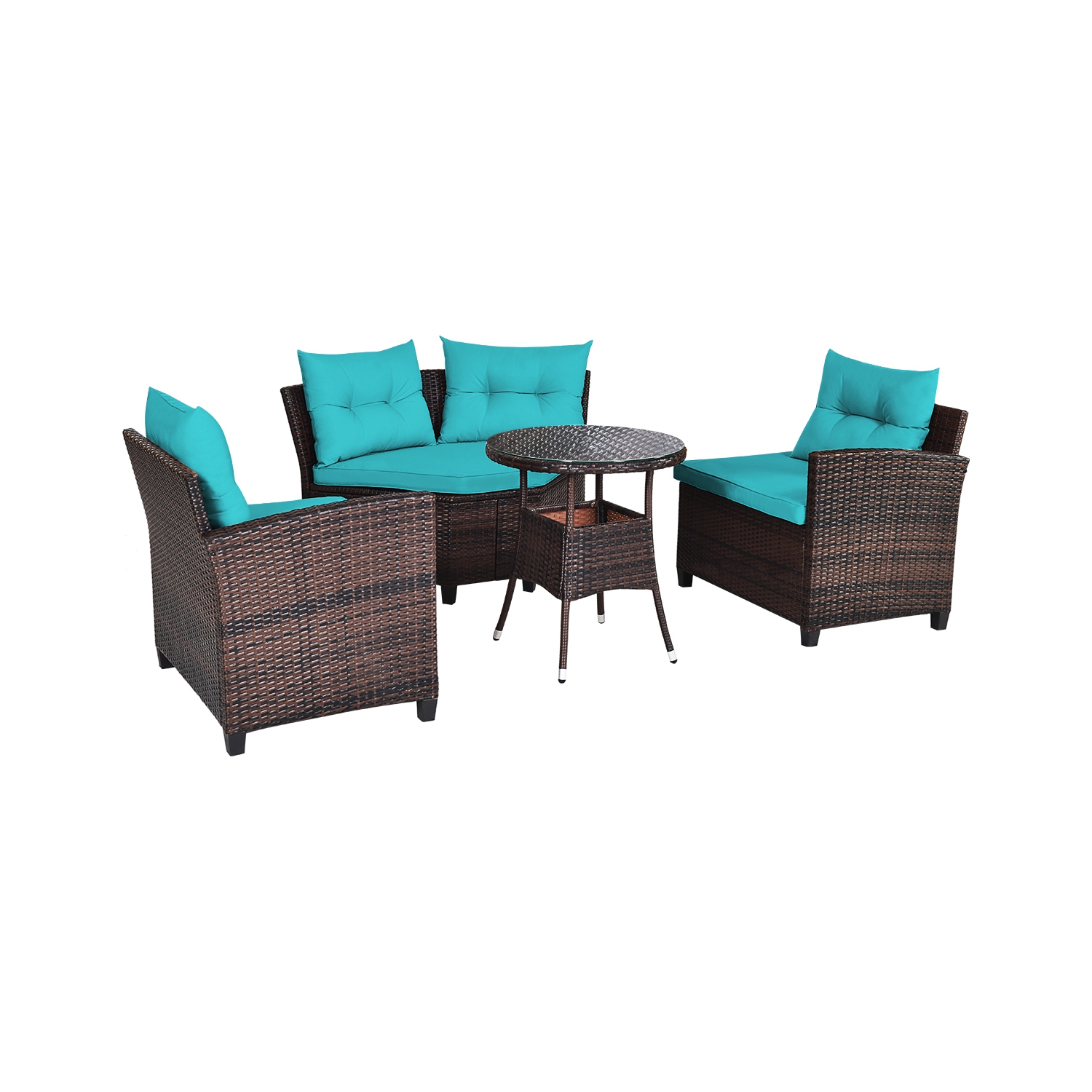 Topbuy 4PCS Outdoor Patio Conversation Set Wicker Rattan Sectional Sofa W/Cushions Black/Tan/Turquoise/Navy/Red
