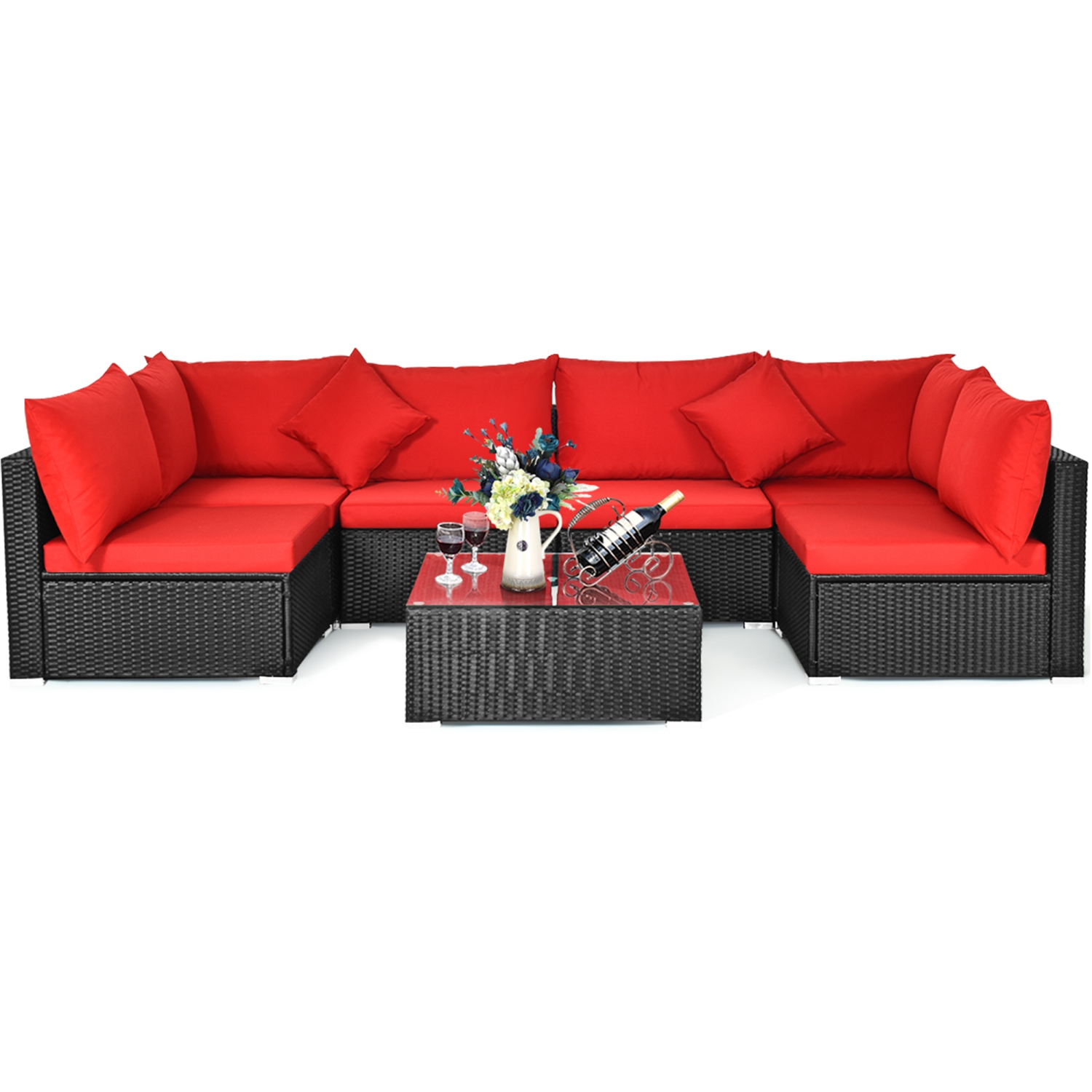 Topbuy 7-Piece Patio PE Rattan Sectional Sofa Furniture Set Wicker Sofa Conversation Set Navy/Turquoise/Red