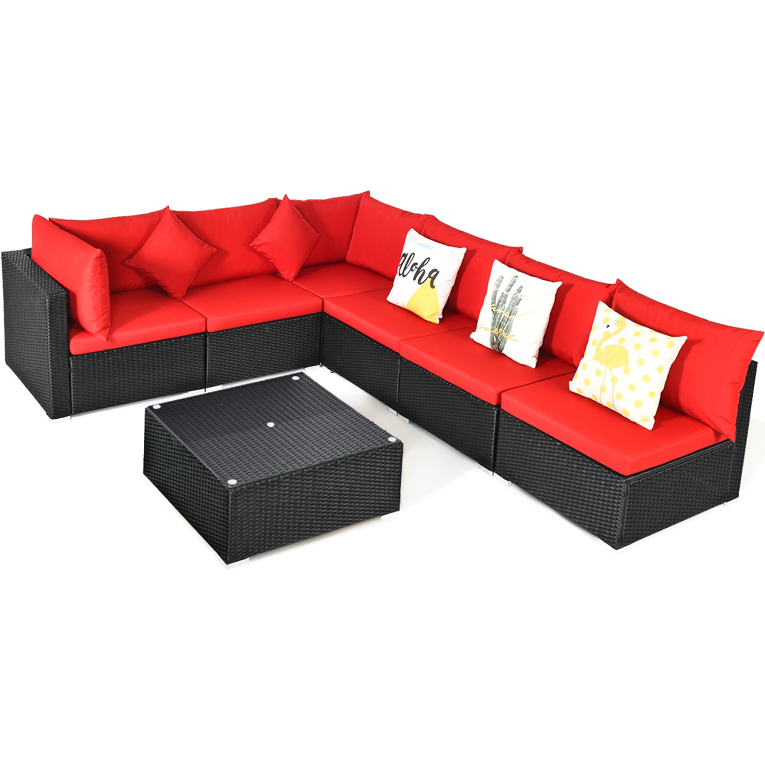 Topbuy 7-Piece Patio PE Rattan Sectional Sofa Furniture Set Wicker Sofa Conversation Set Navy/Turquoise/Red