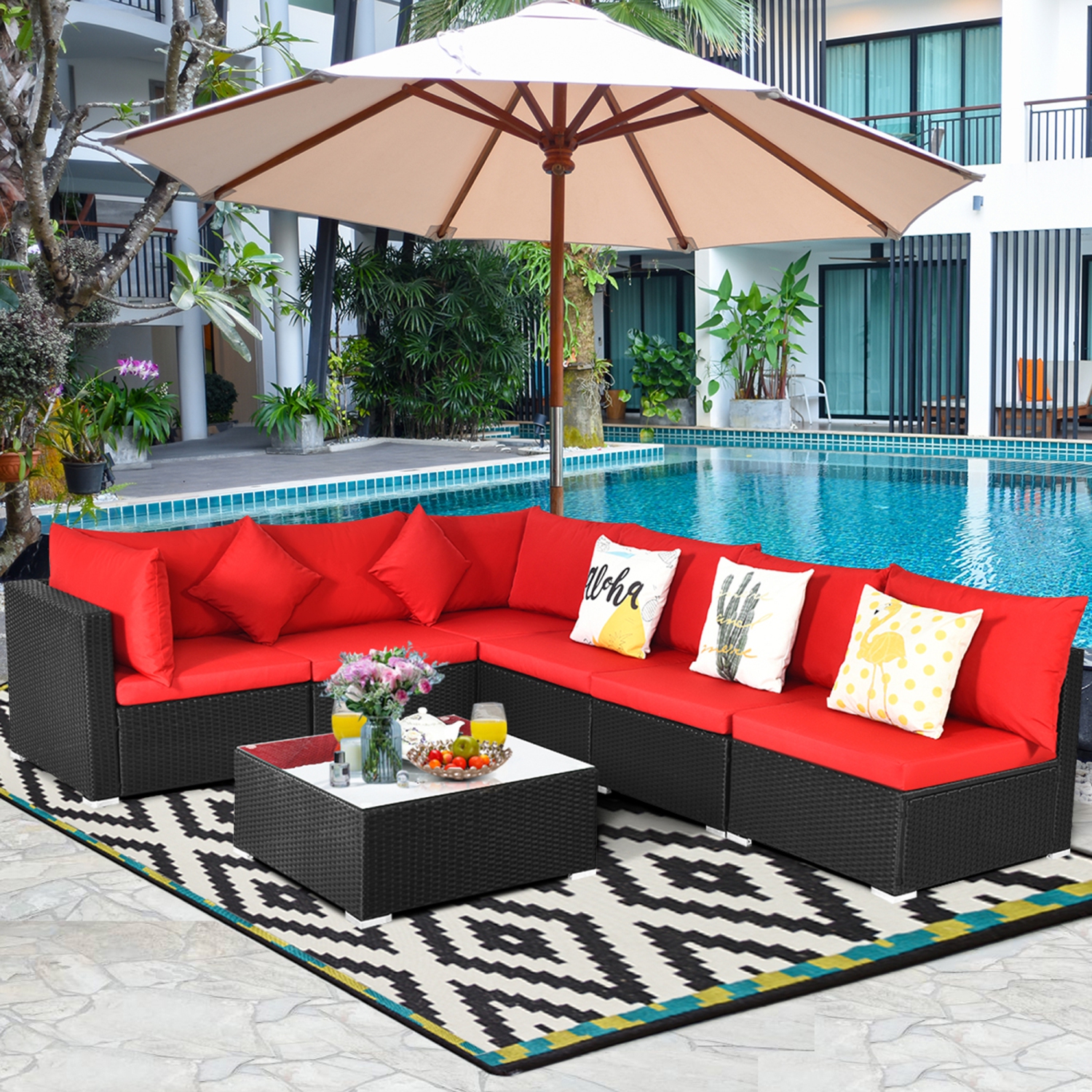 Topbuy 7-Piece Patio PE Rattan Sectional Sofa Furniture Set Wicker Sofa Conversation Set Navy/Turquoise/Red
