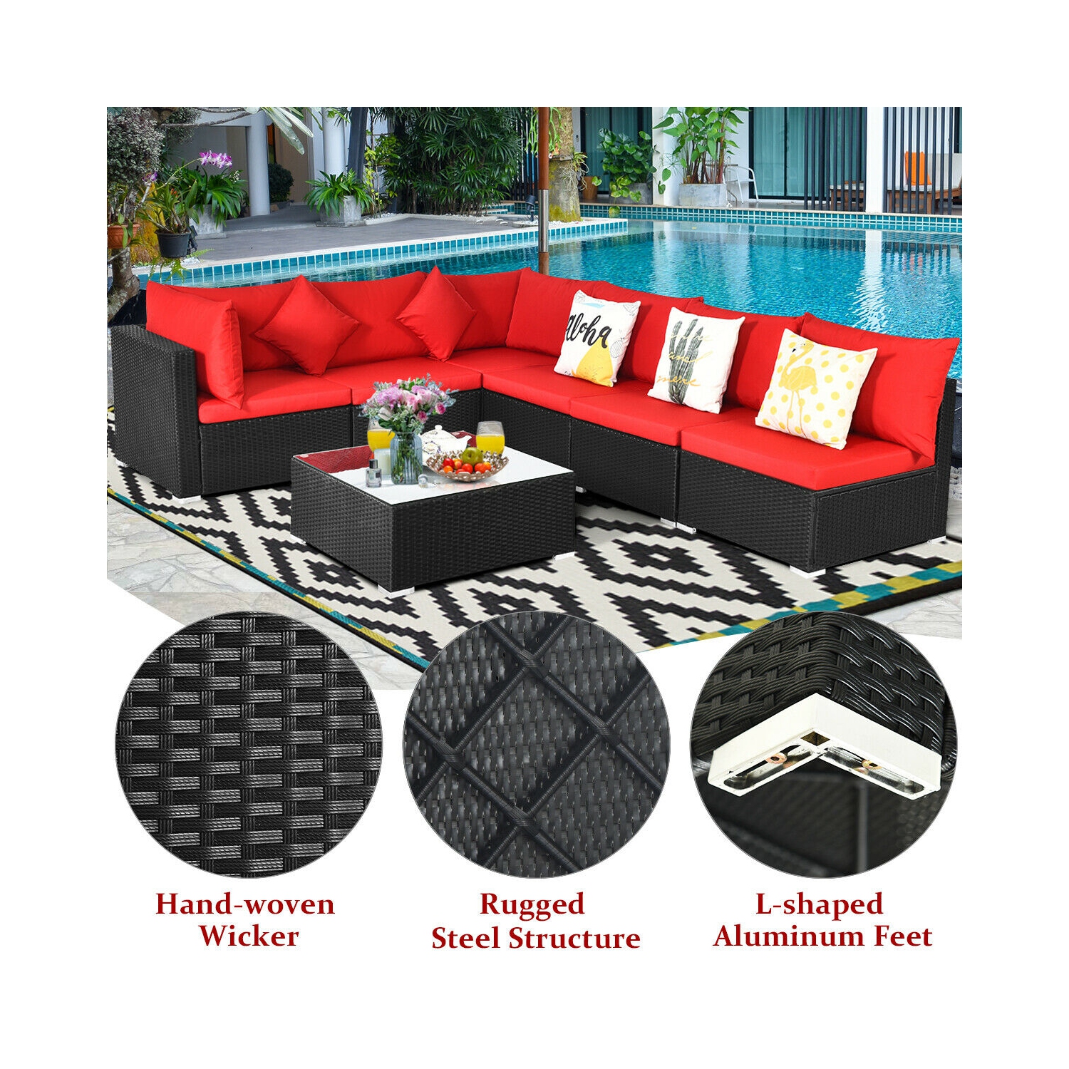 Topbuy 7-Piece Patio PE Rattan Sectional Sofa Furniture Set Wicker Sofa Conversation Set Navy/Turquoise/Red