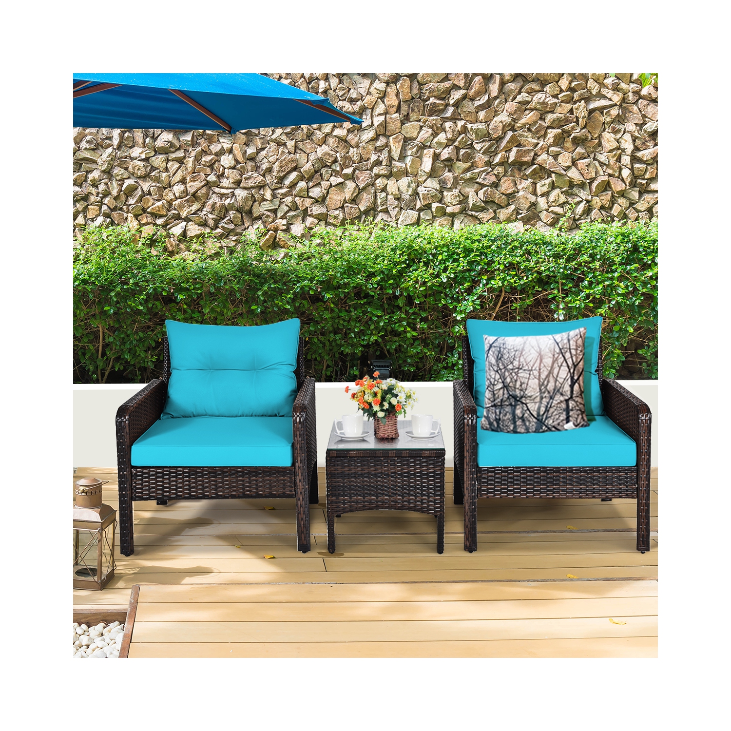 Topbuy 3PCS Outdoor Patio Rattan Wicker Conversation Set W/Cushions