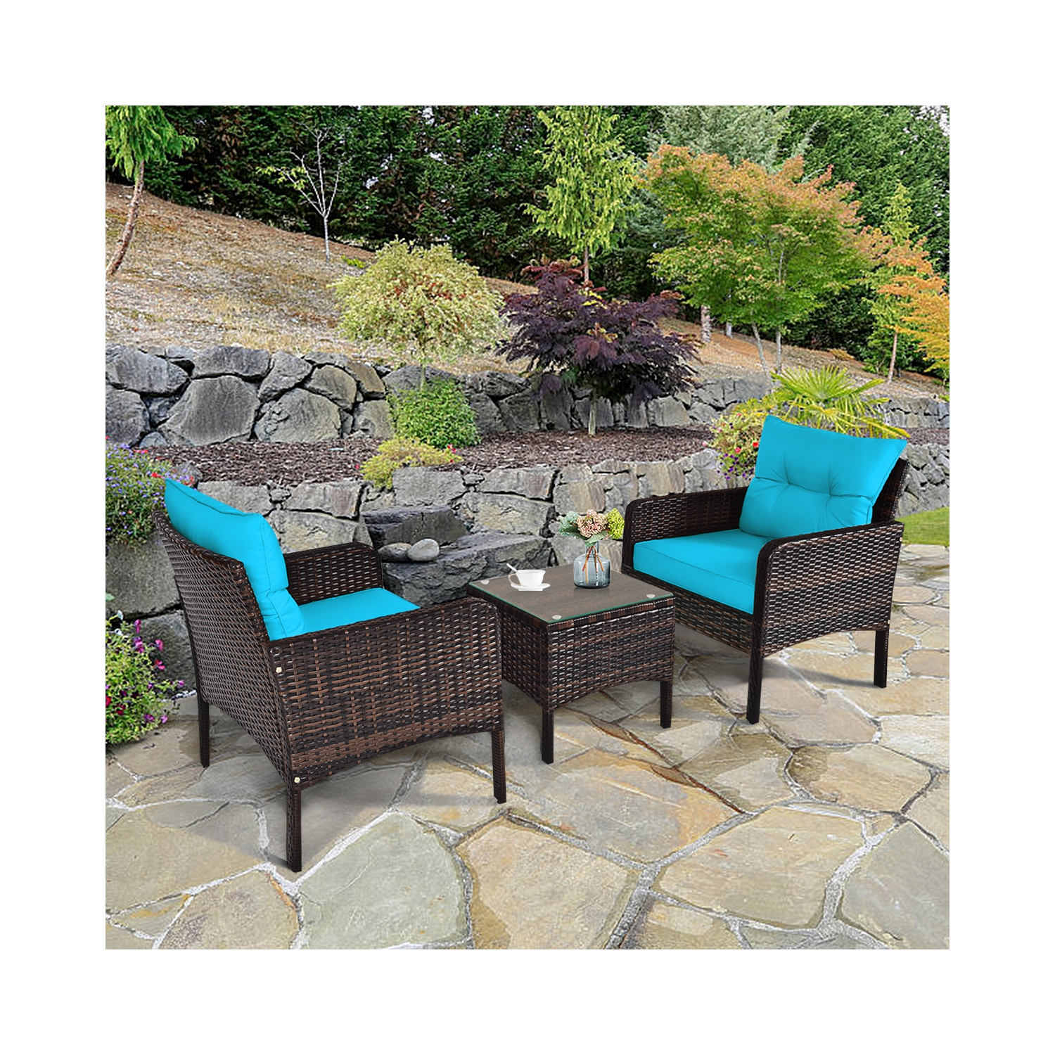 Topbuy 3PCS Outdoor Patio Rattan Wicker Conversation Set W/Cushions
