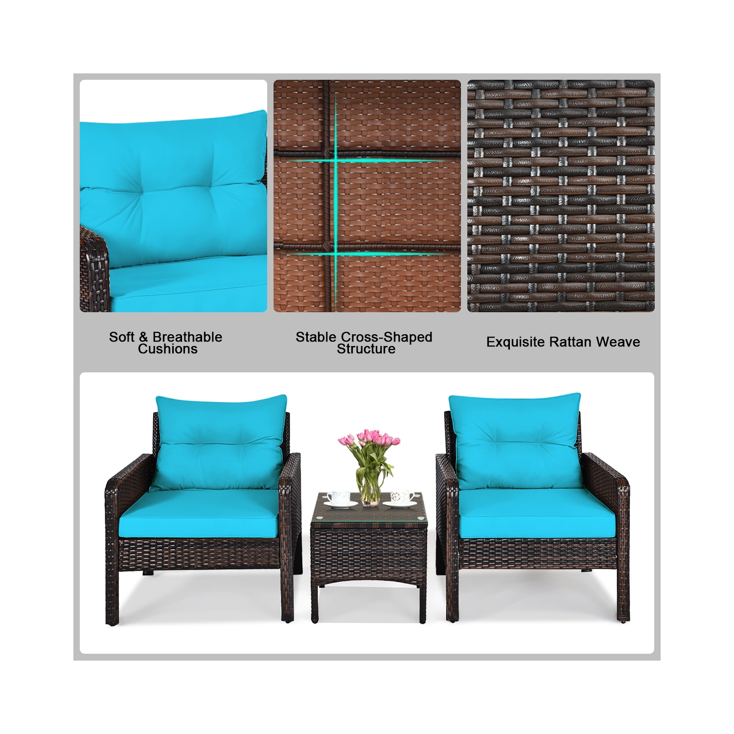 Topbuy 3PCS Outdoor Patio Rattan Wicker Conversation Set W/Cushions