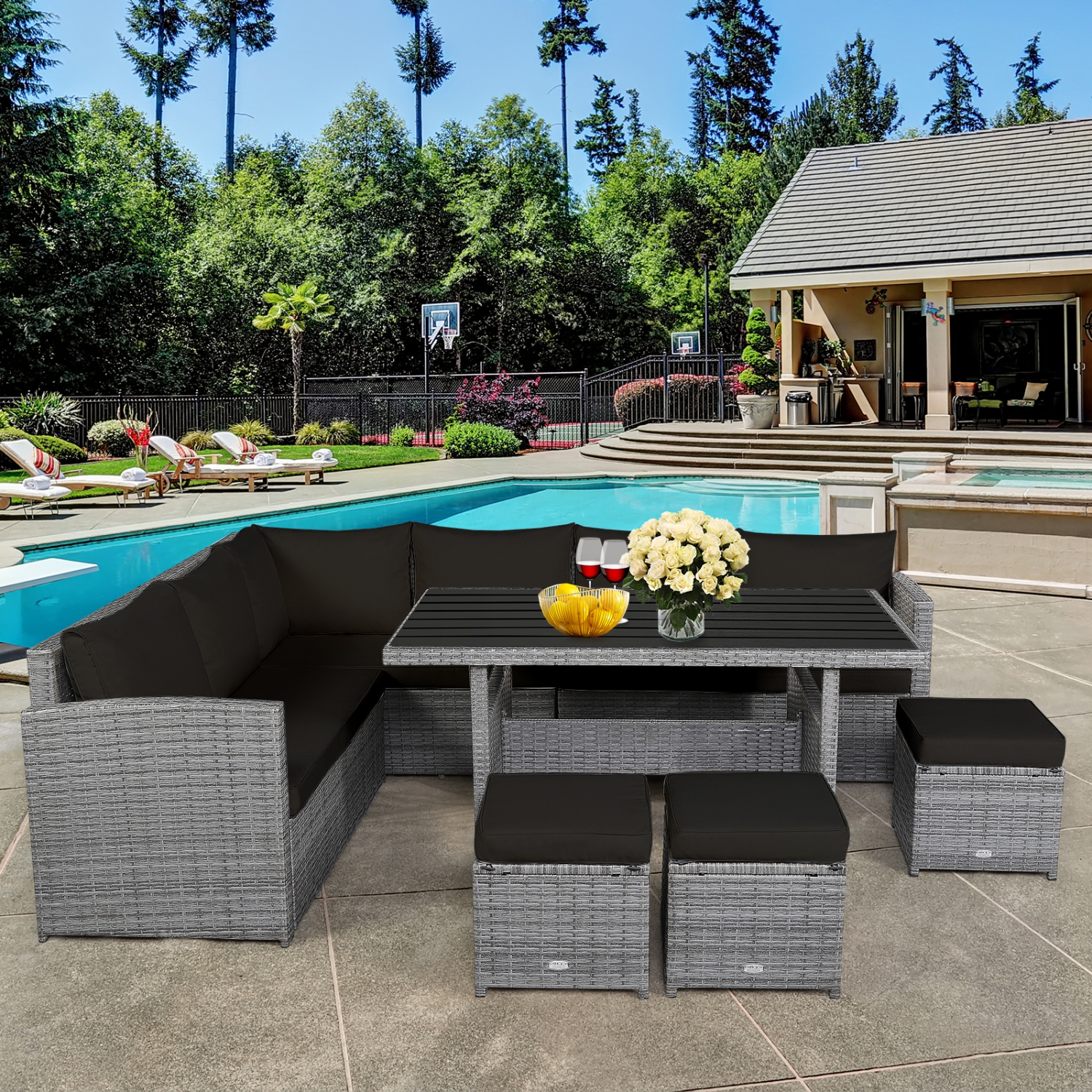 Topbuy 7-Piece Wicker Patio Furniture Set Outdoor Rattan Sofa Set Conversation Couch Set Red/Turquoise/White/Black