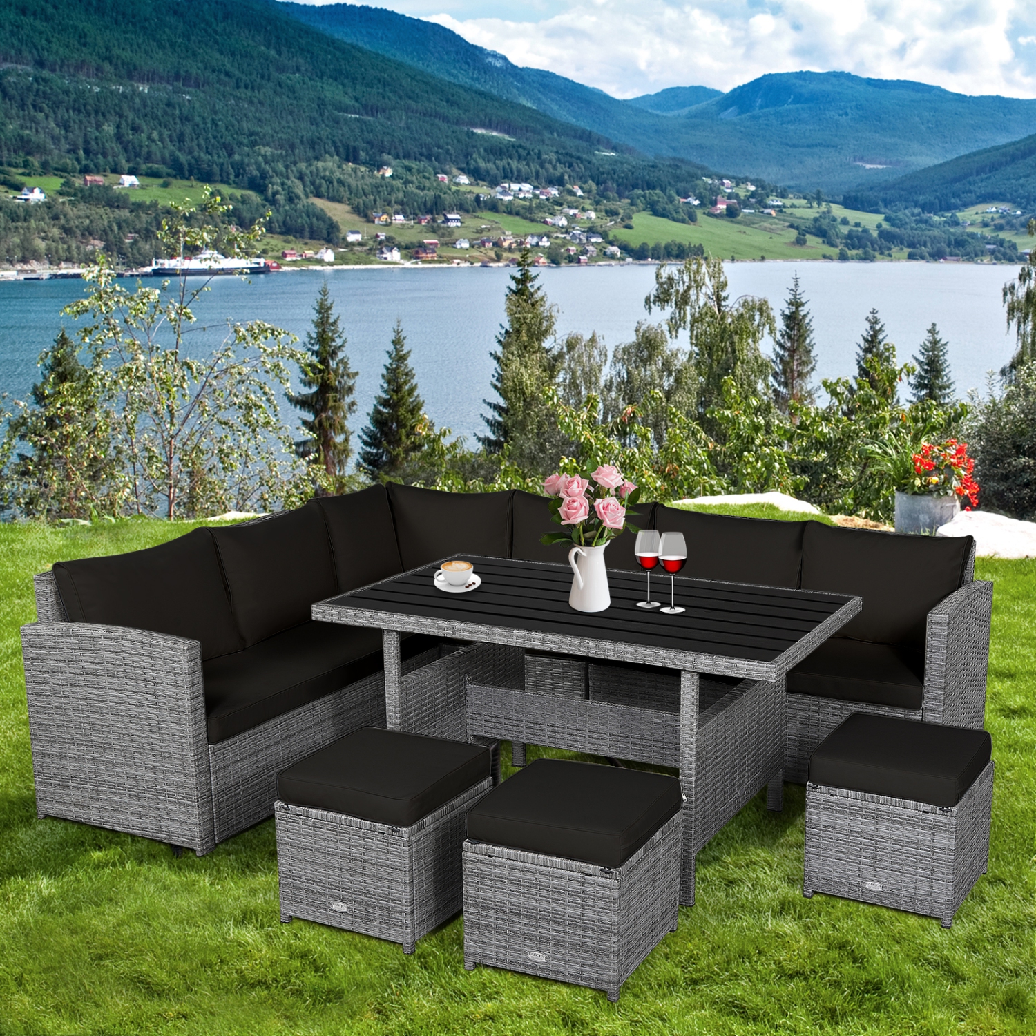 Topbuy 7-Piece Wicker Patio Furniture Set Outdoor Rattan Sofa Set Conversation Couch Set Red/Turquoise/White/Black