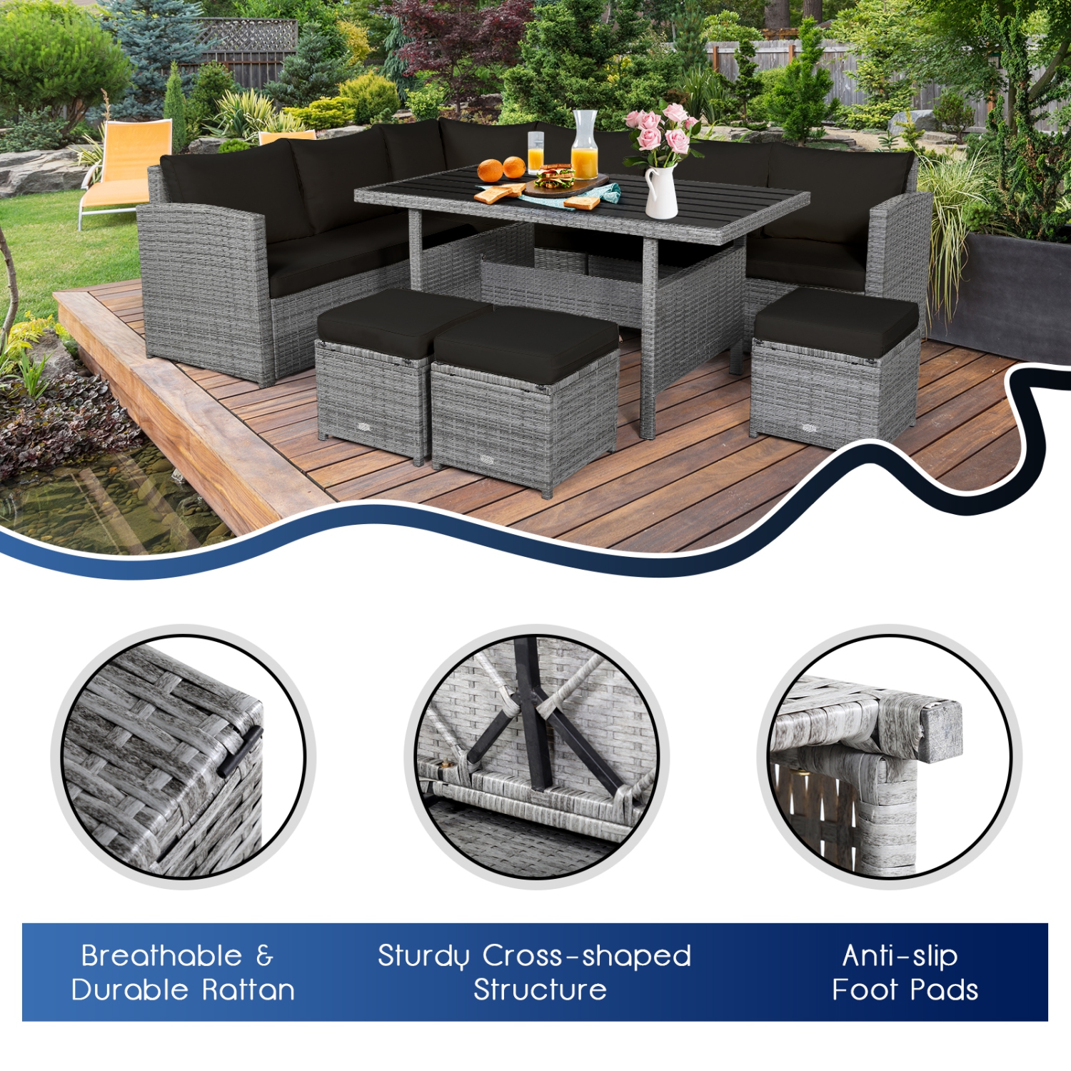 Topbuy 7-Piece Wicker Patio Furniture Set Outdoor Rattan Sofa Set Conversation Couch Set Red/Turquoise/White/Black