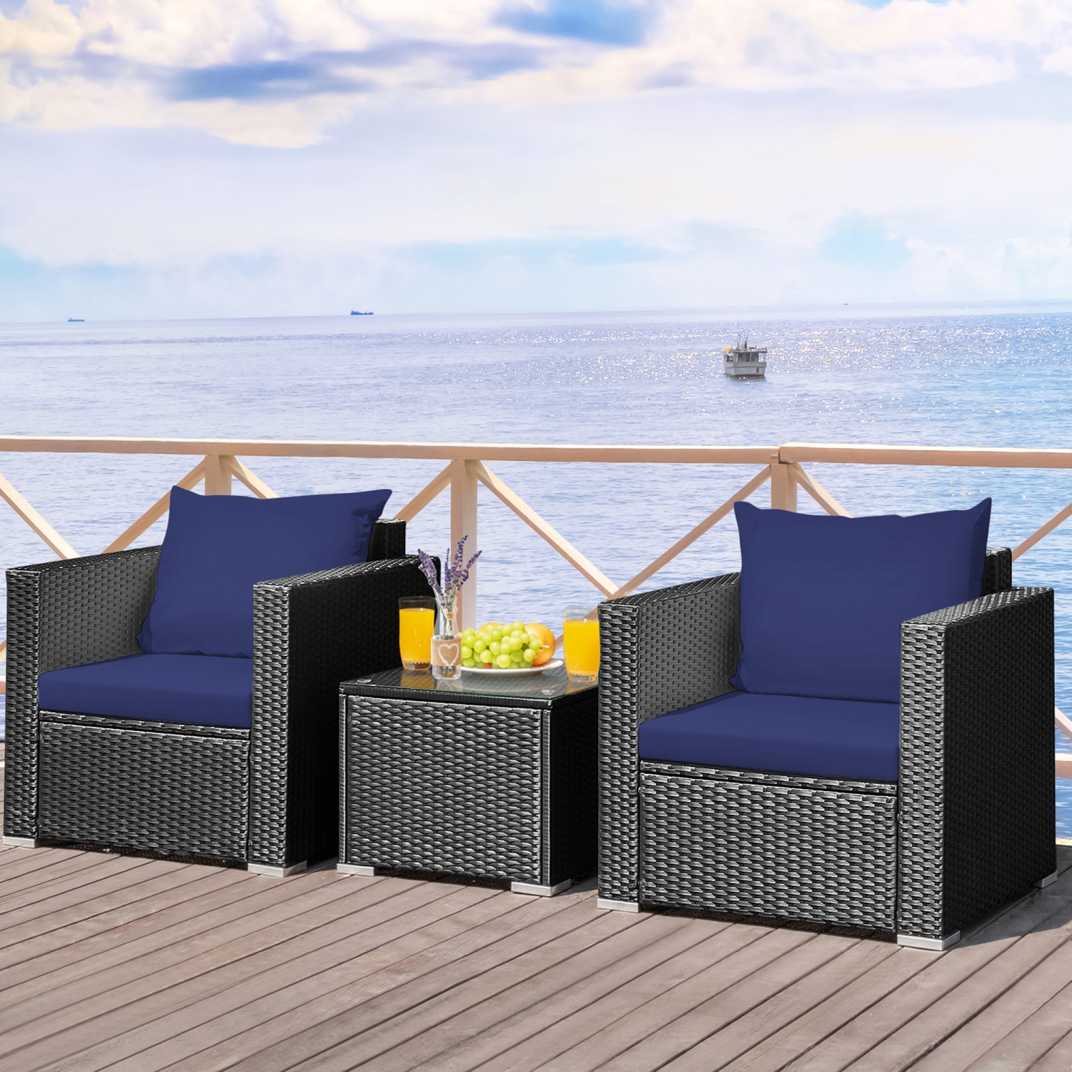 Gymax 3PCS Rattan Patio Conversation Furniture Set Outdoor w/ Navy Cushions