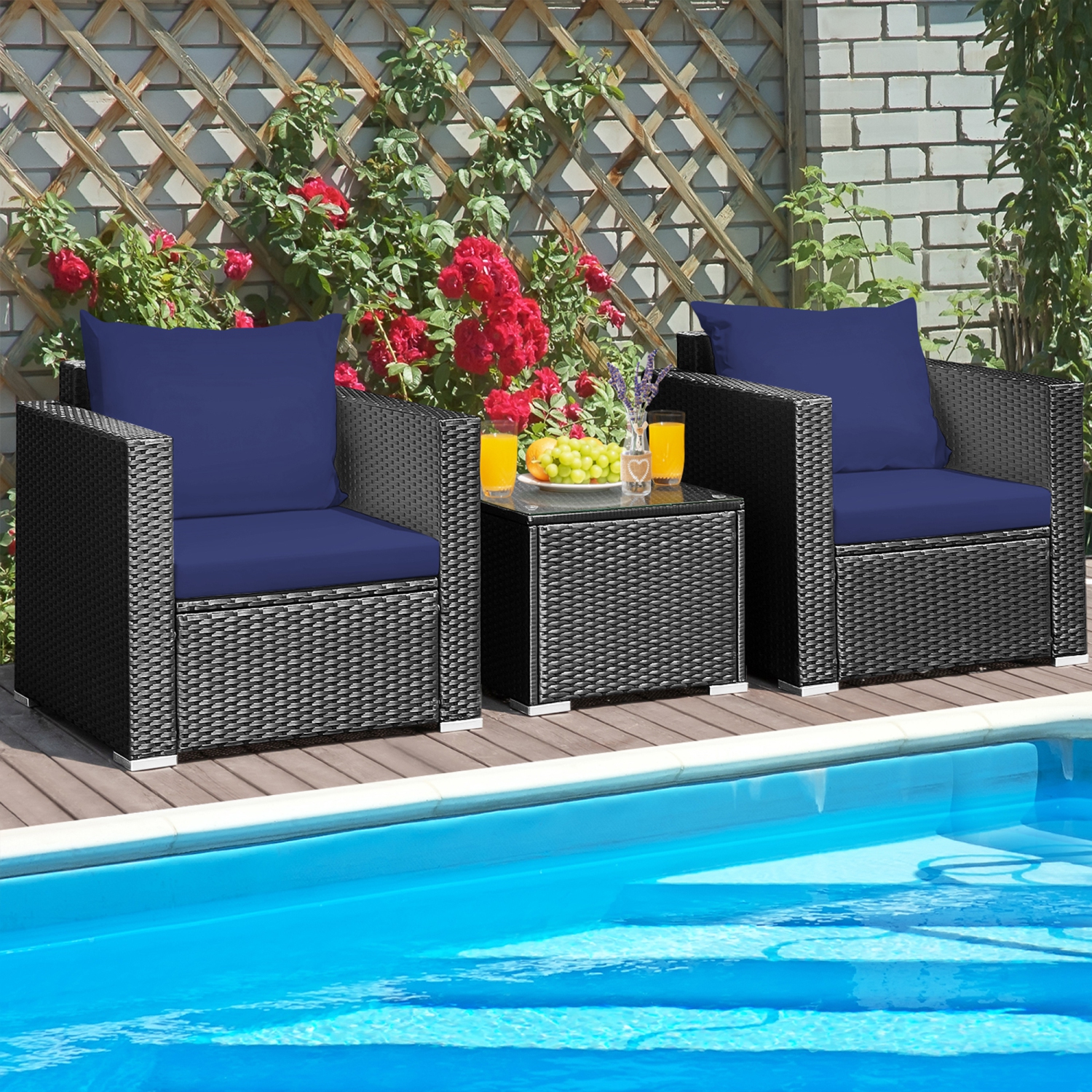 Gymax 3PCS Rattan Patio Conversation Furniture Set Outdoor w/ Navy Cushions